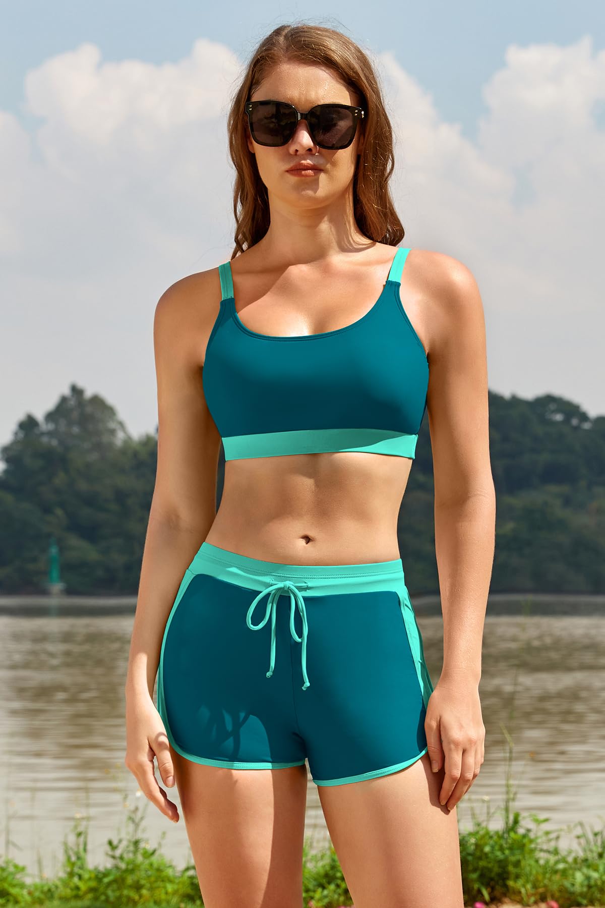 SHEKINI Rash Guard Set 3 Pièces Femme Haut de Maillot de Bain Rashguard Manches Longues Zippé+Brassiere+Shorts de Sport pour Surf Séchage Rapide