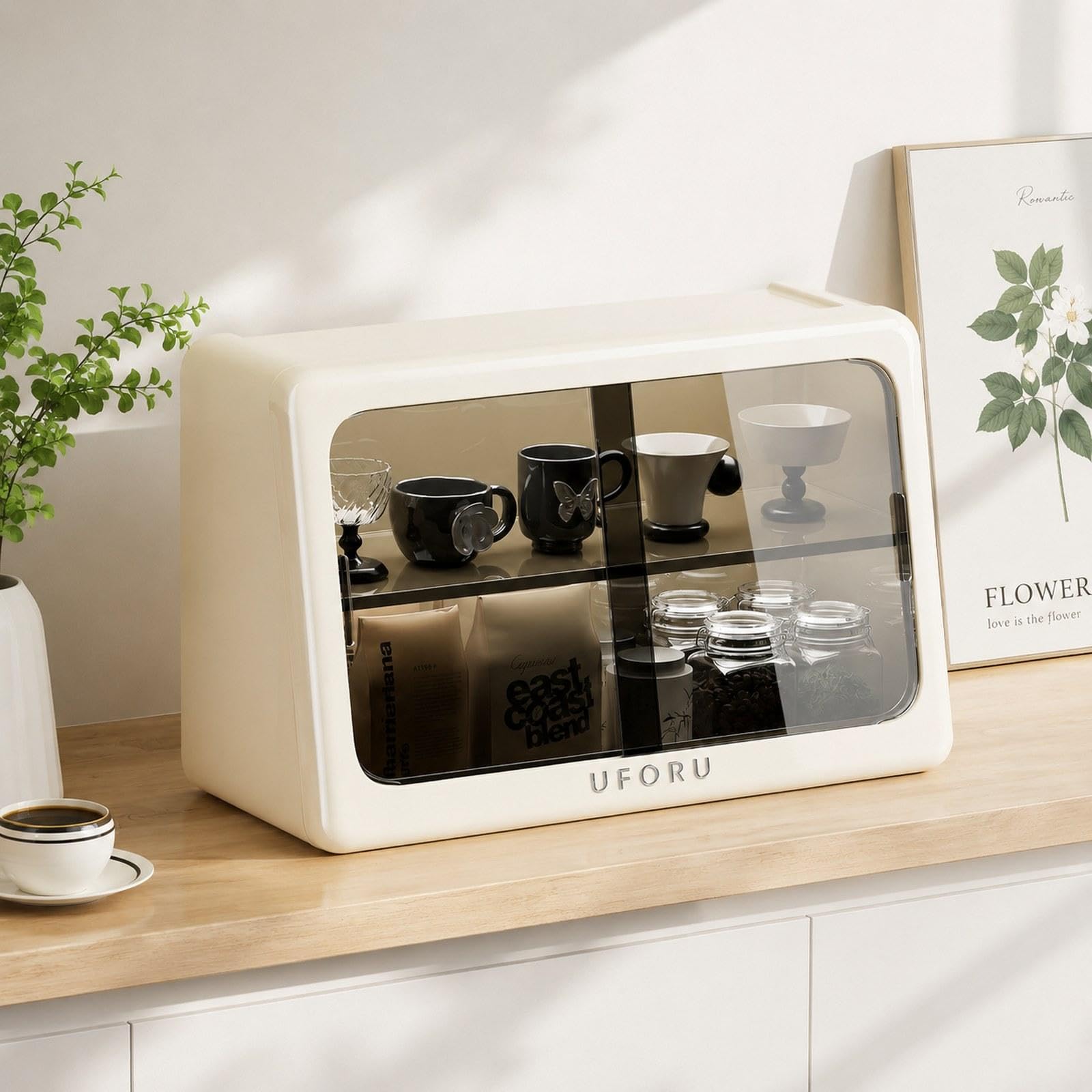 Desktop Aufbewahrungsregal mit Schiebetür Als Gewürzkorb Tassenablage Ablage für Kaffeezubehör Teeregal Mehrzweckregal für Büro Heimdekoration Und Arb, Weiß