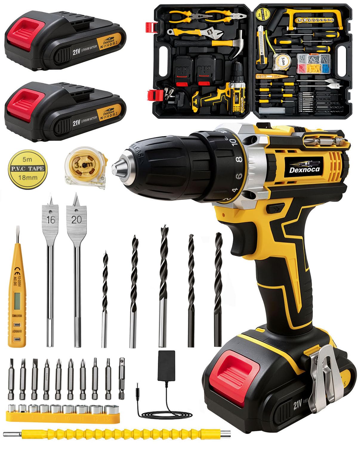 147 Pièces Kit Perceuse Visseuse Sans Fil, 45Nm, 3/8” Mandrin sans clé