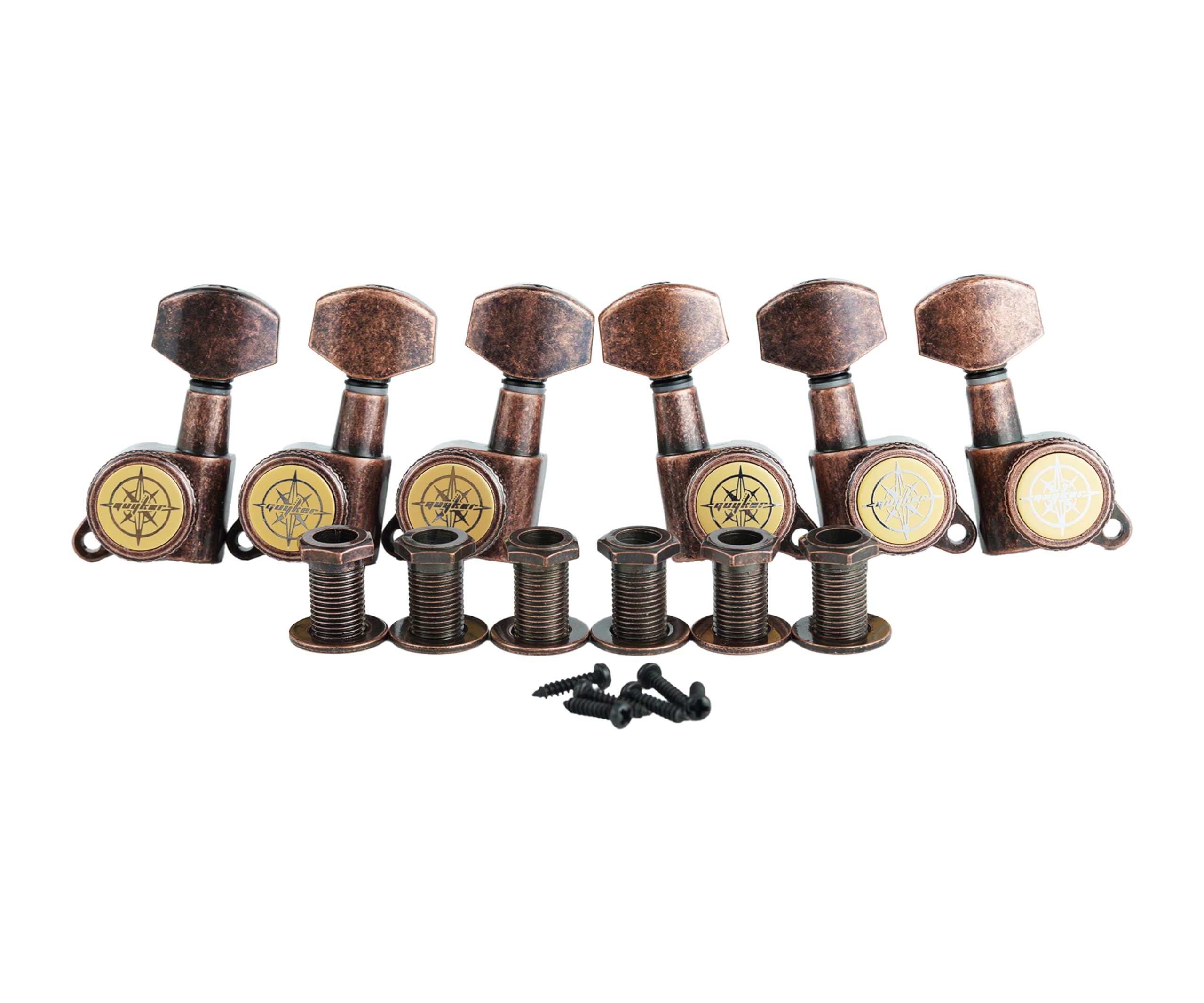 Guyker Guitar Locking Tuners (3L + 3R) - 1:18 Lock String Tuning Key Pegs Machine Head Replacement for ST TL SG LP Style Electric, Folk or Acoustic Guitars - Antique Bronze