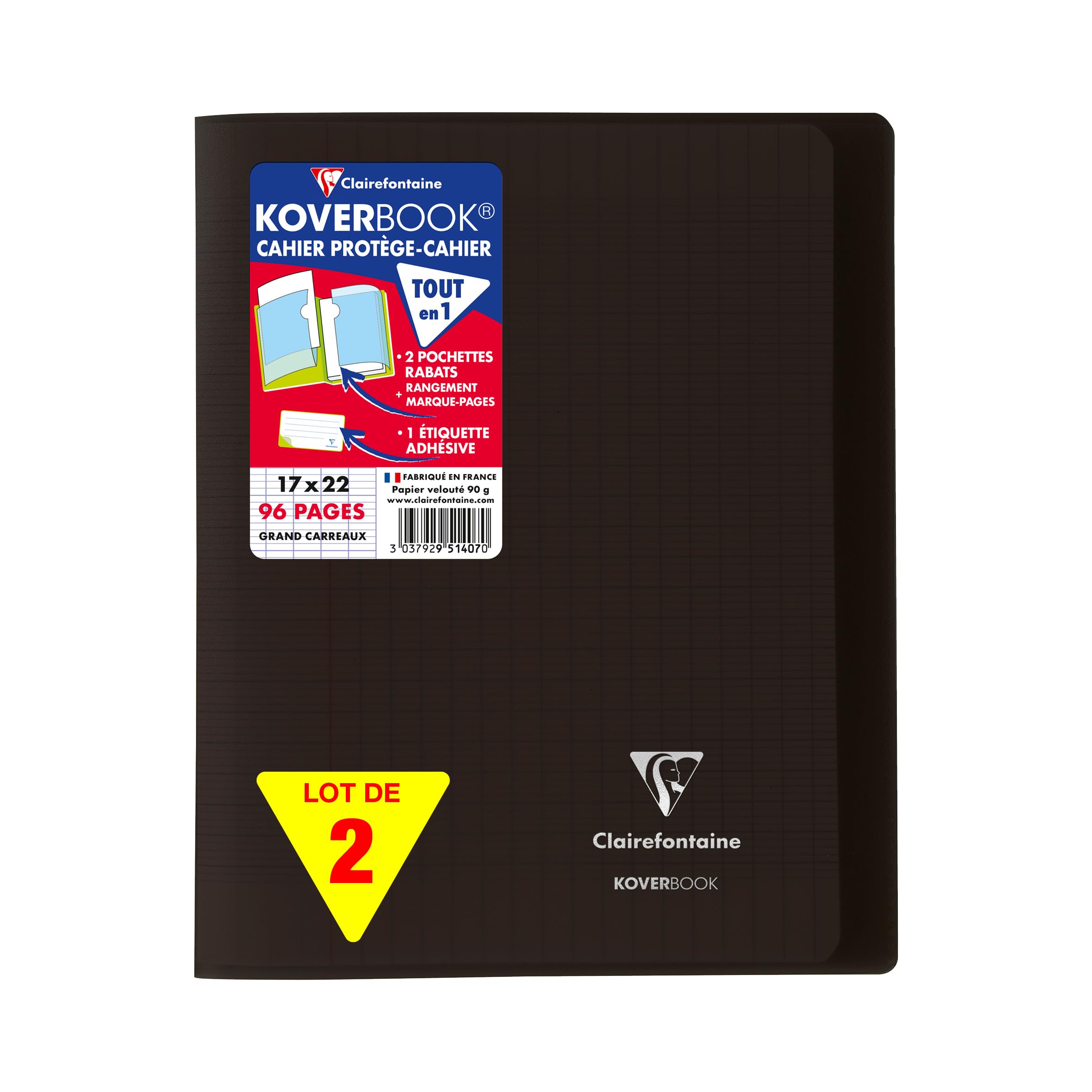 Clairefontaine 951407AMZC - Set of 2 Stapled Notebooks Koverbook Black - Dimensions: 17x22 cm - 96 Seyes Ruled Pages - White Paper 90 g - Polypro Cover