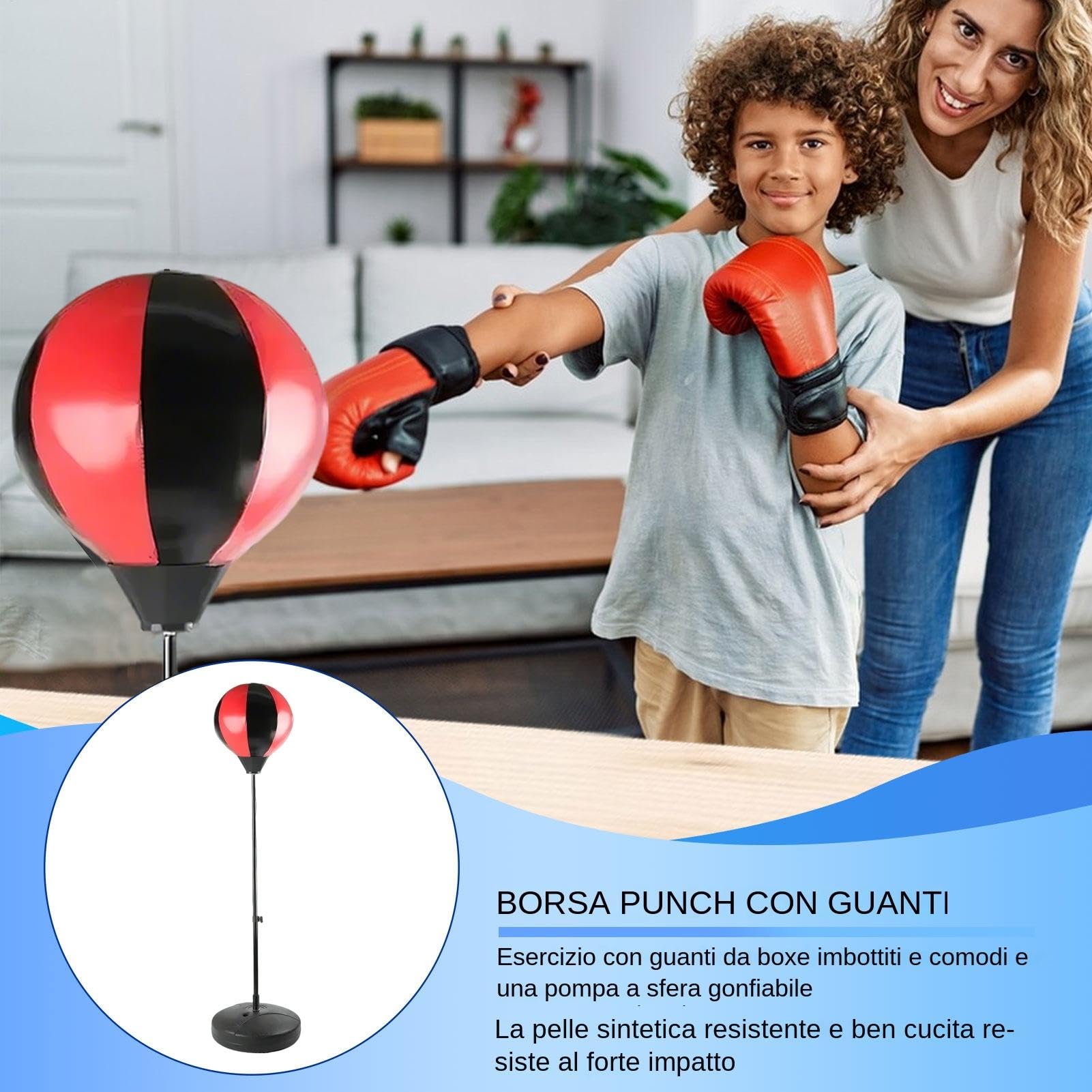 Sacco da boxe con guanti, set sacco da boxe per bambini, set da boxe | regolabile con supporto e palla da boxe gonfiabile, sacco da boxe autoportante per bambini