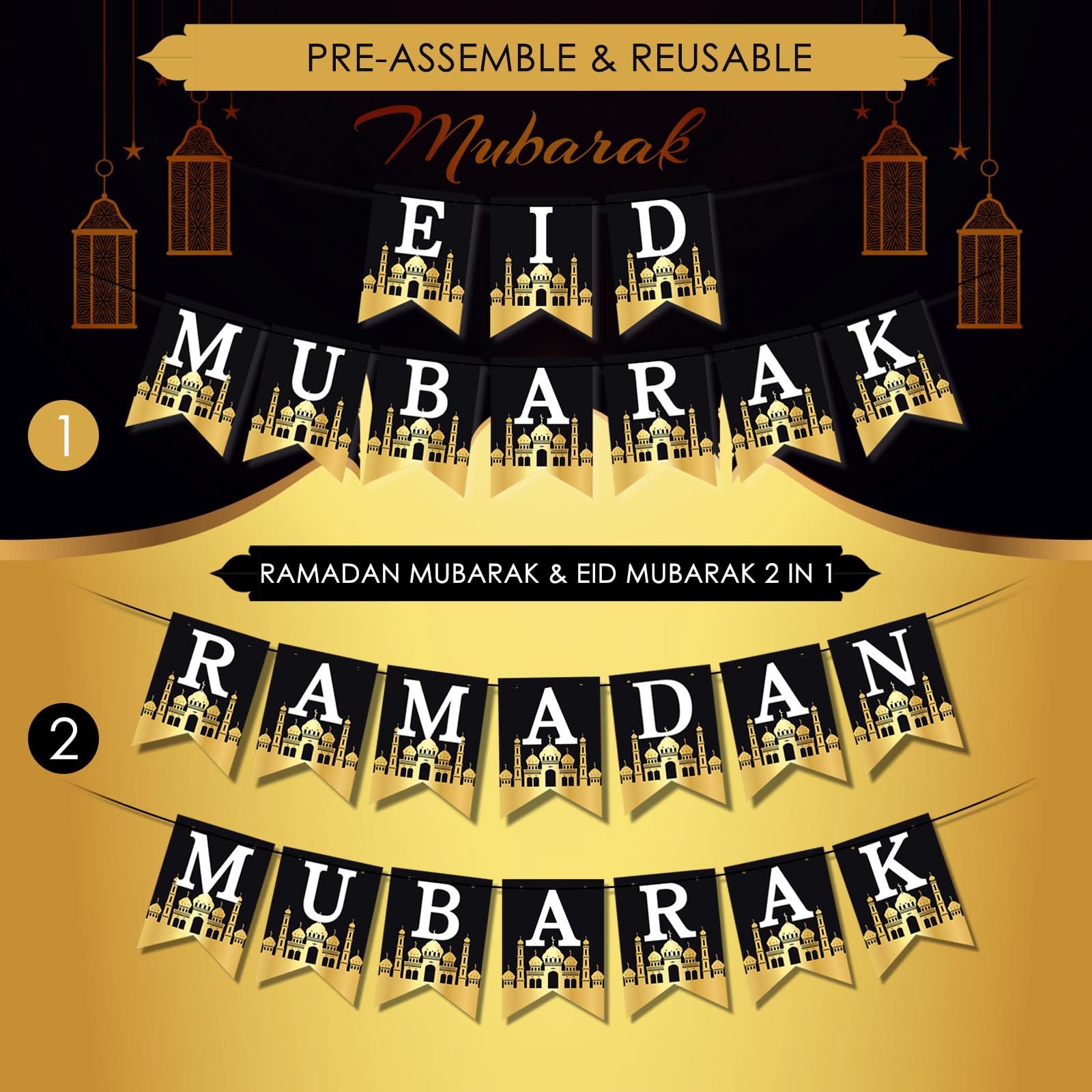 AhfuLife Eid Mubarak Decorations, Ramadan Mubarak Decorations for Home Preassembled Eid Ramadan Banners Bunting - Image 3