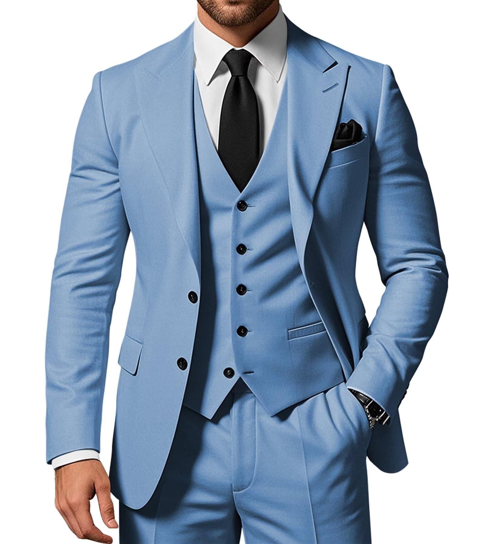 SPTALLFITJSVMen's 3 Piece Suits Slim Fit Peak Lapel 2 Button Blazer Jacket Vest Pants Set Wedding Business Prom Party Suit, Dusty Blue, XL