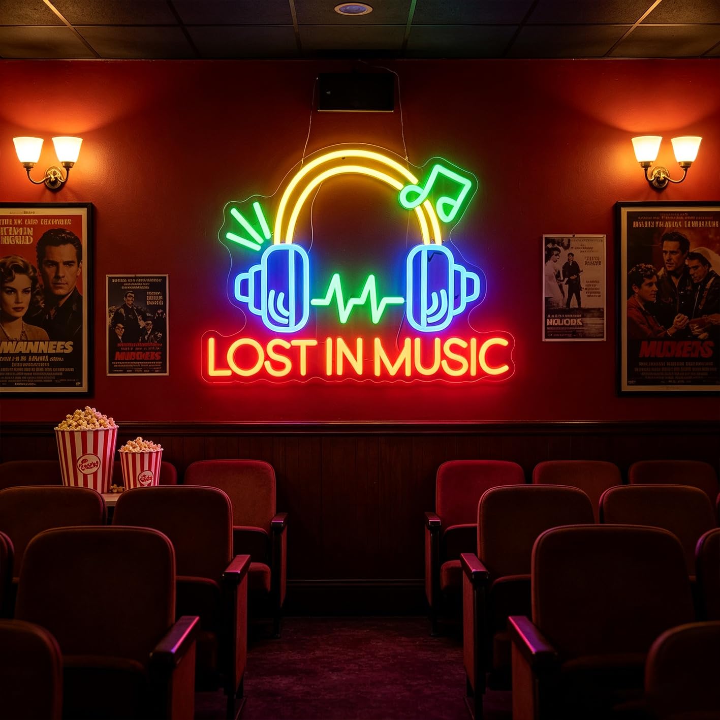 Luce al neon a LED con motivo "Lost in Music" con cuffie e onde sonore, opzione testo personalizzato per camera da letto, configurazione di gioco o cabina DJ, presa USB con controllo in linea