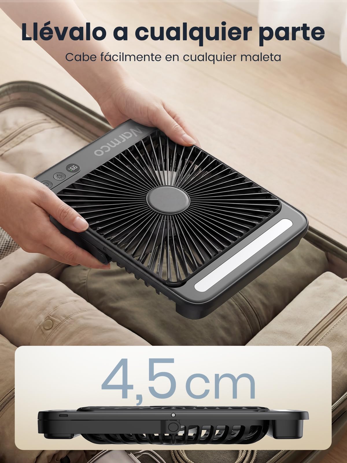 Warmco Ventilador Camping 20000mAh Recargable, 27cm de Alto Ultra-Delgado con Luz LED, 48H Duración, Ventilador Mesa Portátil para Tienda, Viaje, Exterior, Dormitorio