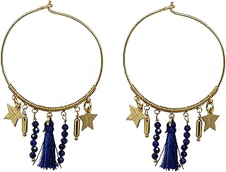 Gempires Lapis Lazuli Hoop Earrings with Blue Crystal Beads, Stars and Small Tassel, September Birtshtone, Dream Catcher Earrings For Women (Lapis Lazuli)