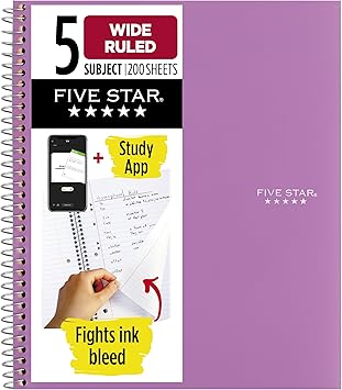 Five Star Spiral Notebook + Study App, 5 Subject, Wide Ruled Paper, 8" x 10-1/2", 200 Sheets, Fights Ink Bleed, Water Resistant Cover, Amethyst Purple (38739)
