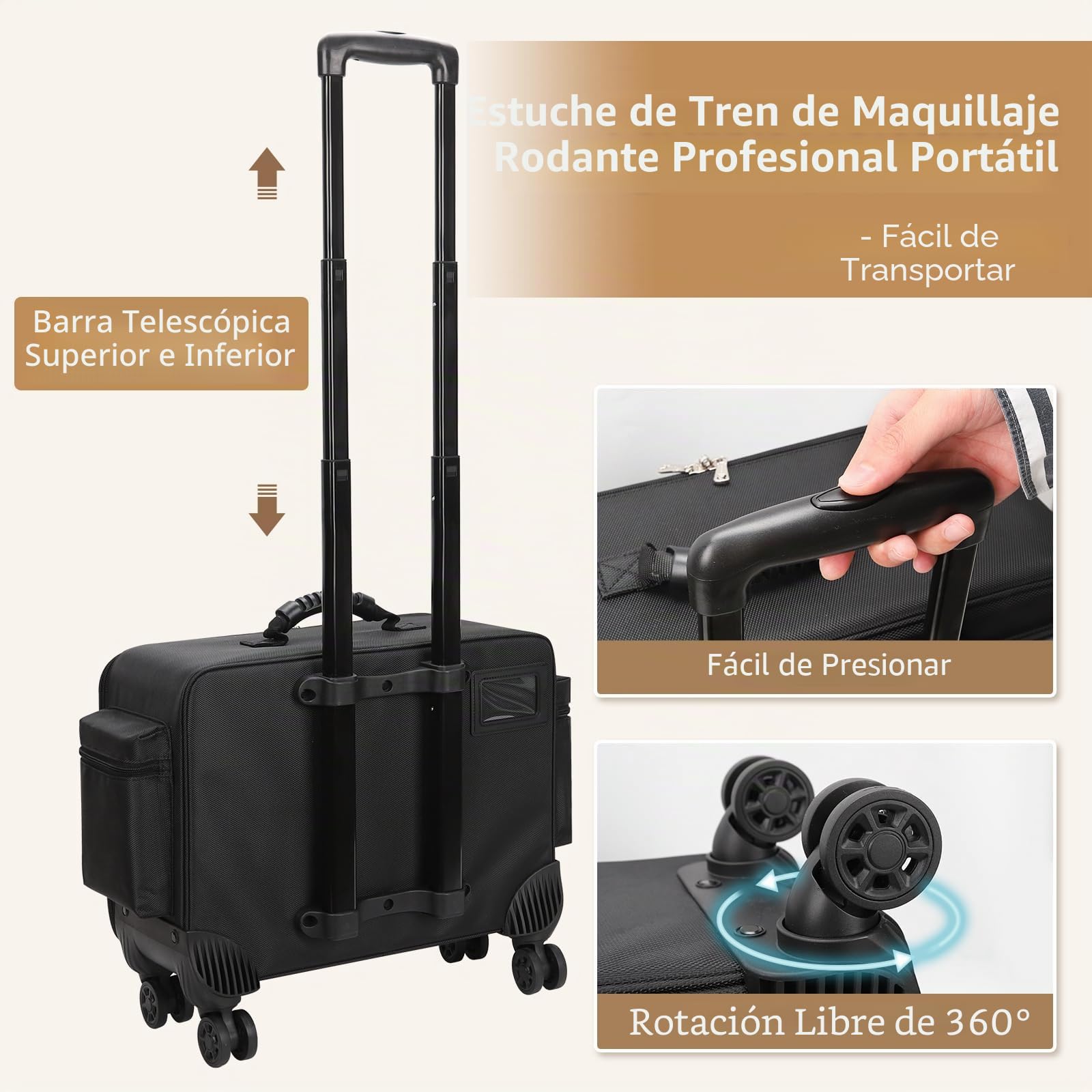 Maletín de cosméticos con ruedas, estuche profesional con divisor ajustable, maletín de maquillaje grande multifunción para técnico de uñas, peluquero, color negro, Negro , Maletín de cosméticos