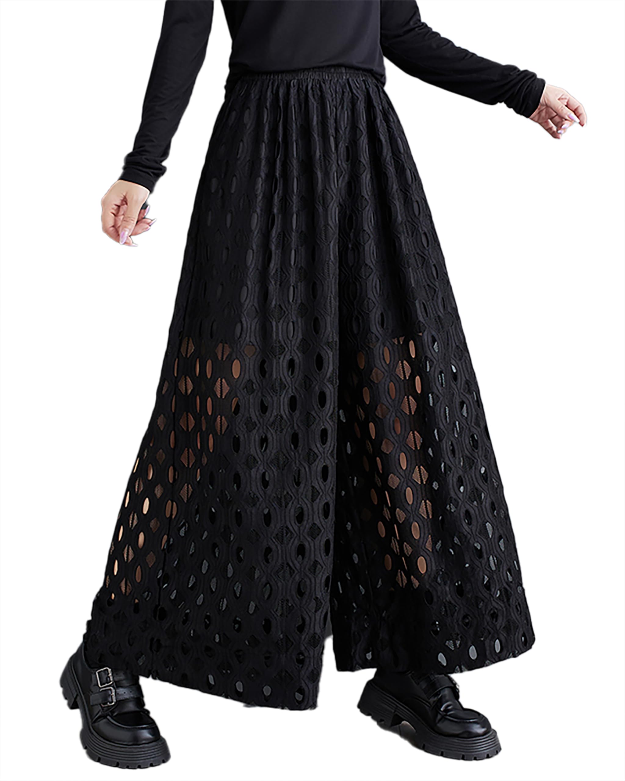 ellazhu Womens Pants Wide Leg Elastic Waist Lace Hollow Solid Two Side Pockets Oversize Loose Casual GZ381