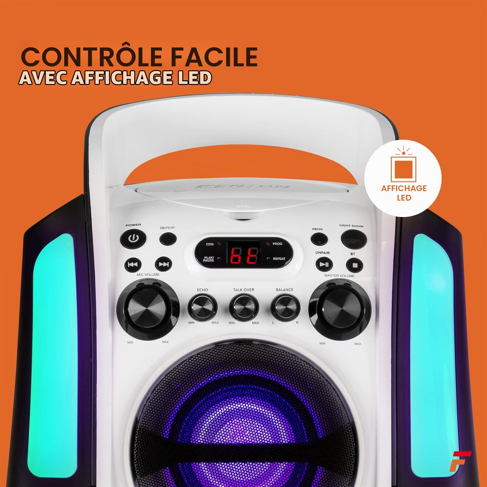 Fenton SBS30W - Enceinte Karaoké Portable avec 2 Microphones - Blanc, Fonction Bluetooth et Effets Lumineux LED, Lecteur CD + G, Parfait pour Une Soirée Karaoké, Idéal pour Chanter Entre Amis