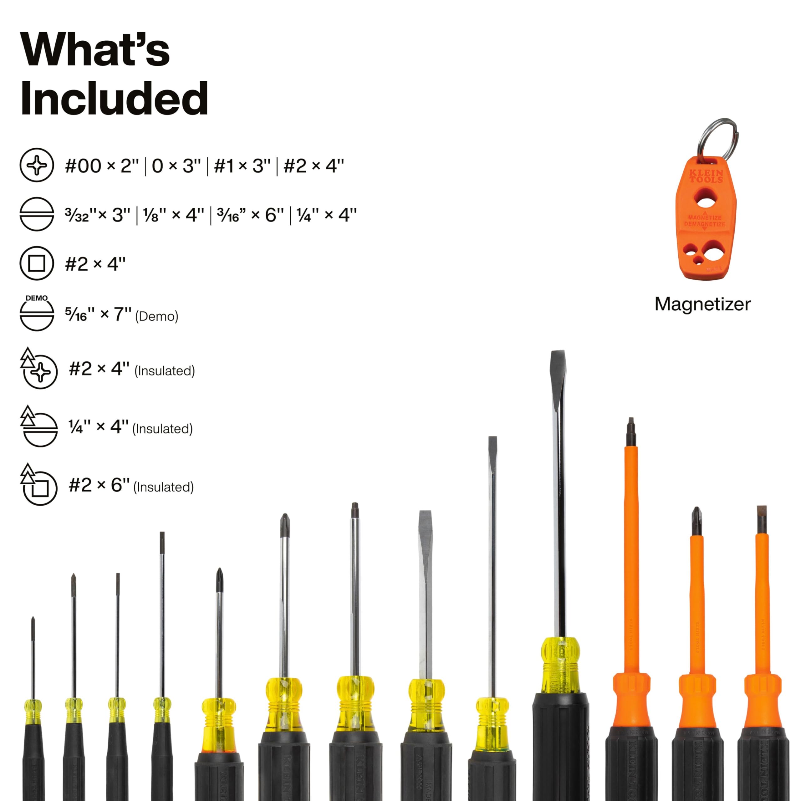 Klein Tools 85814 Set di cacciaviti di precisione, isolati, manici con codice colore, Phillips, scanalato, armadietto, chiave di volta, demolizione, punte quadrate, 14 pezzi