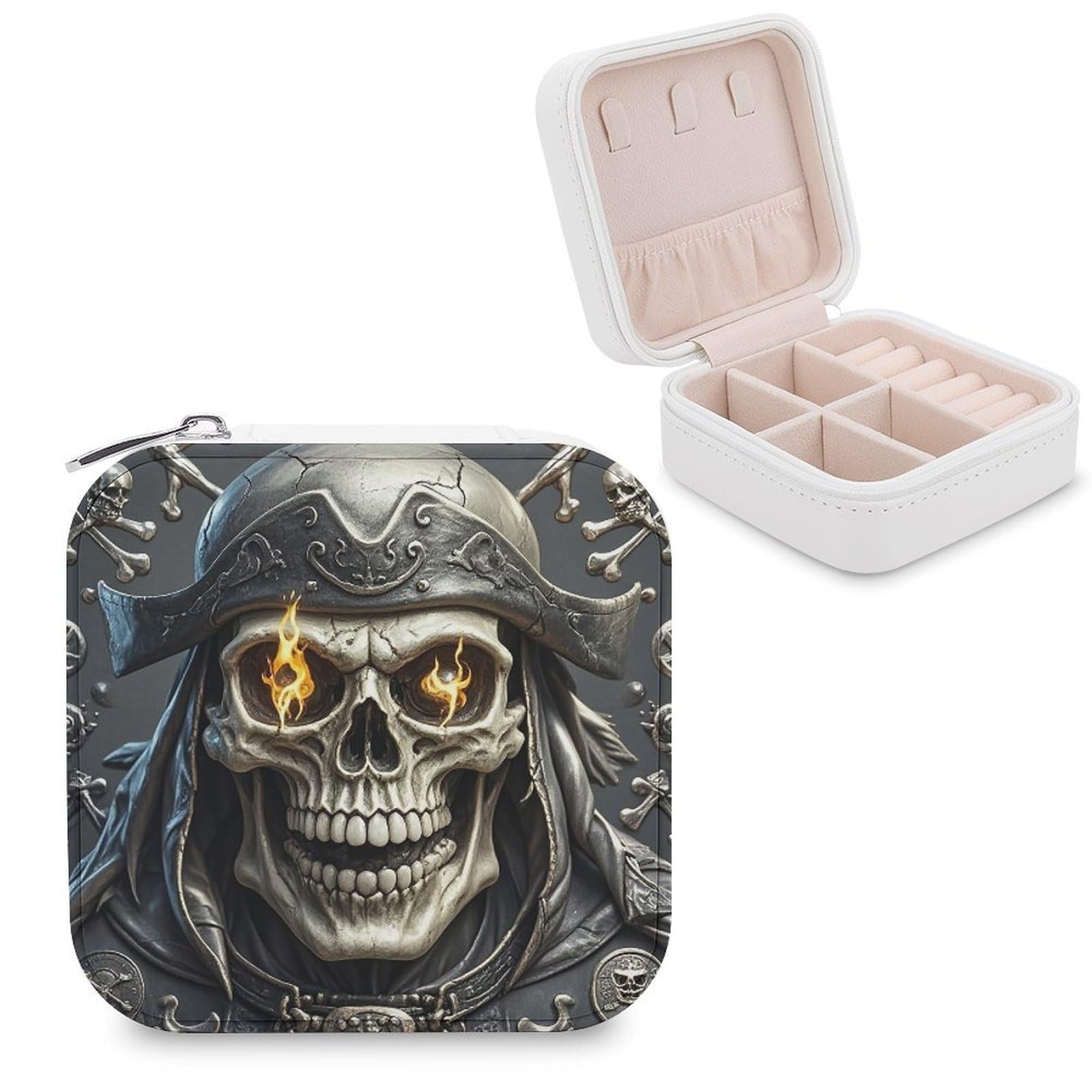 VstaDank Pirate Skull Jewelry Box for Women Jewelry Organizer Storage Case with Zipper Mini Travel Jewelry Case Cute Trinket Organizer Leather Portable Jewelry Storage Box