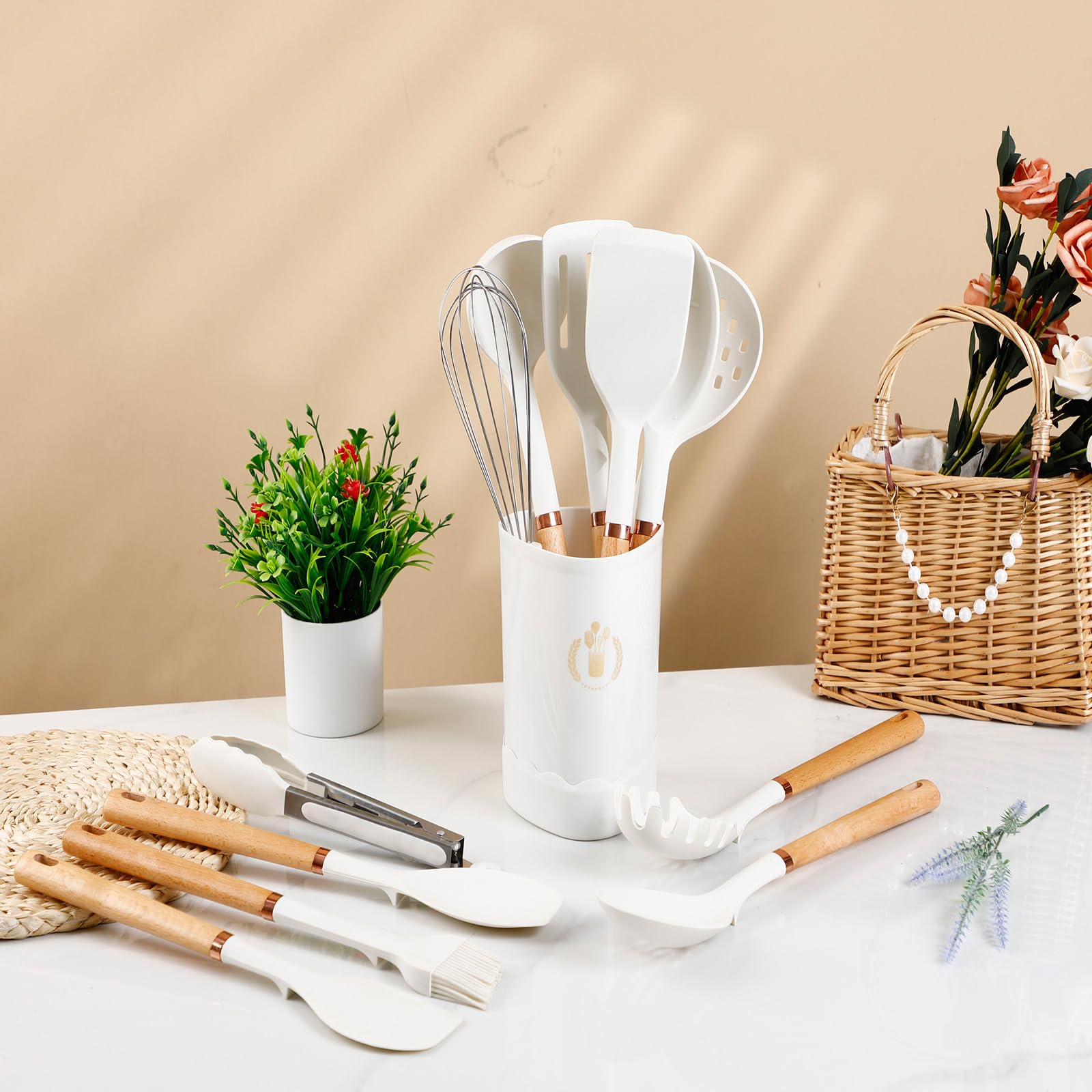 Jiufei Home Silicone Cooking Utensils Set, Kitchen Utensils Set 13 Pcs for cooking, BPA Free Spatula Set with Heat Resistant Wood Handles for Nonstick Cookware Dishwasher Safe?white?