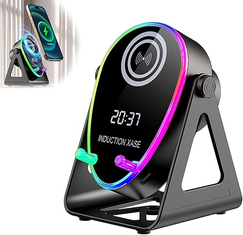 2026 New 5 in 1 Induction Bluetooth Speaker with 180 Adjustable Phone Stand & 8 RGB Lights. Auto-Play, 360 Stereo Sound, 8H Playtime & Wireless