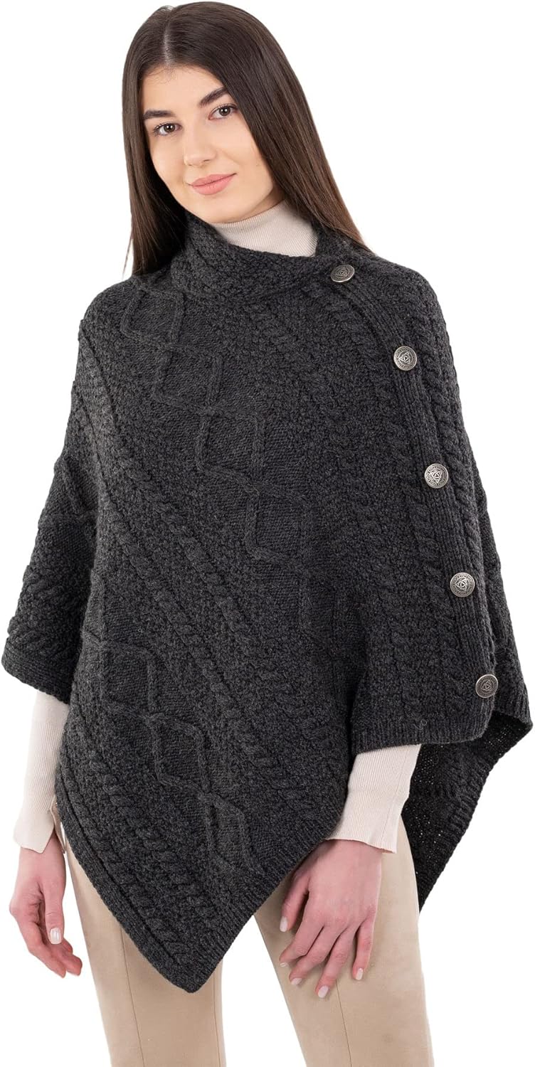 SAOL Wool Women's Poncho with Celtic Buttons Cable Knit Cardigan Cowl Neck Cape