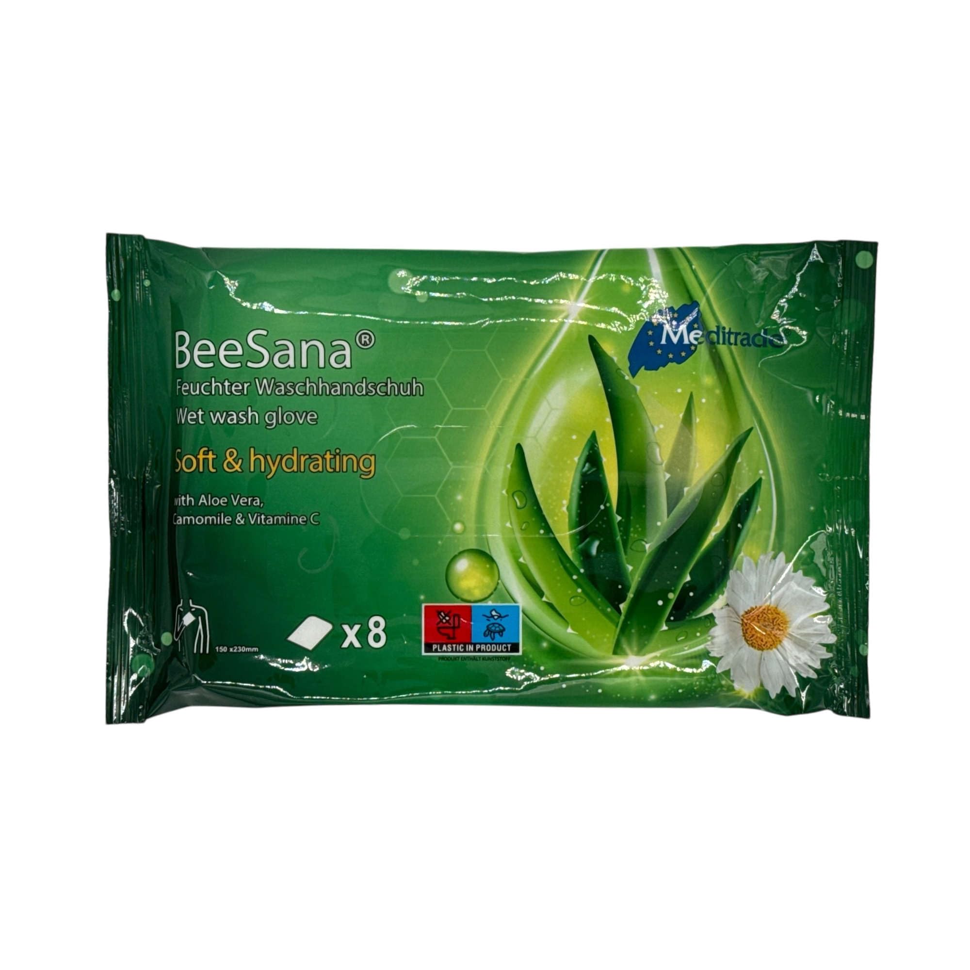 BeeSana Feuchte Waschhandschuhe mit Vitamin C, Kamille & Aloe Vera – 8 Stück