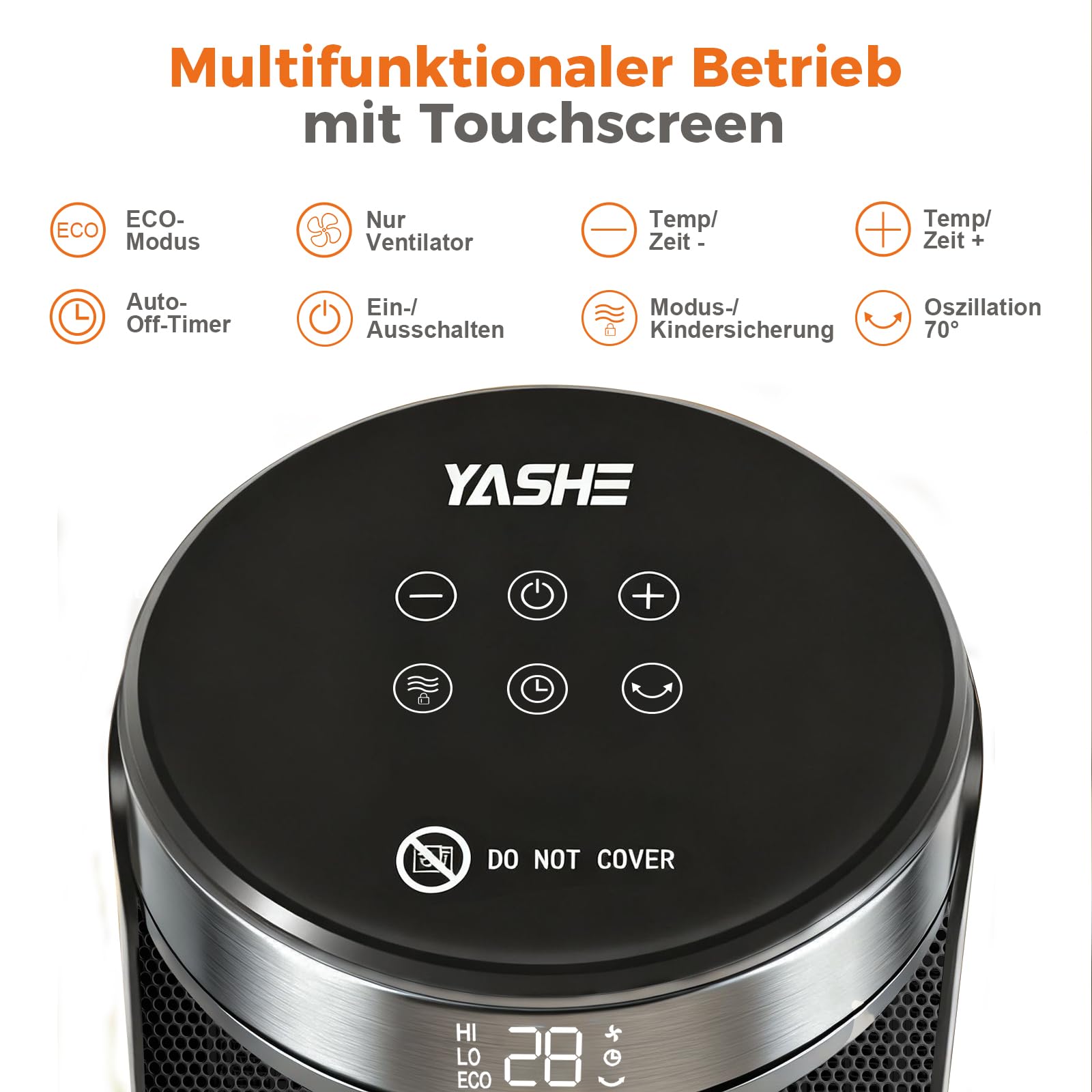 YASHE Heizlüfter 1500W/750W, 34 dB leise, PTC-Keramik, Thermostat 5–36 °C (±1°), 70° Oszillation, 24 h Timer, ECO/HI/LOW/FAN, Fernbedienung, Kippschutz, Überhitzungsschutz, V0, für Schlafzimmer