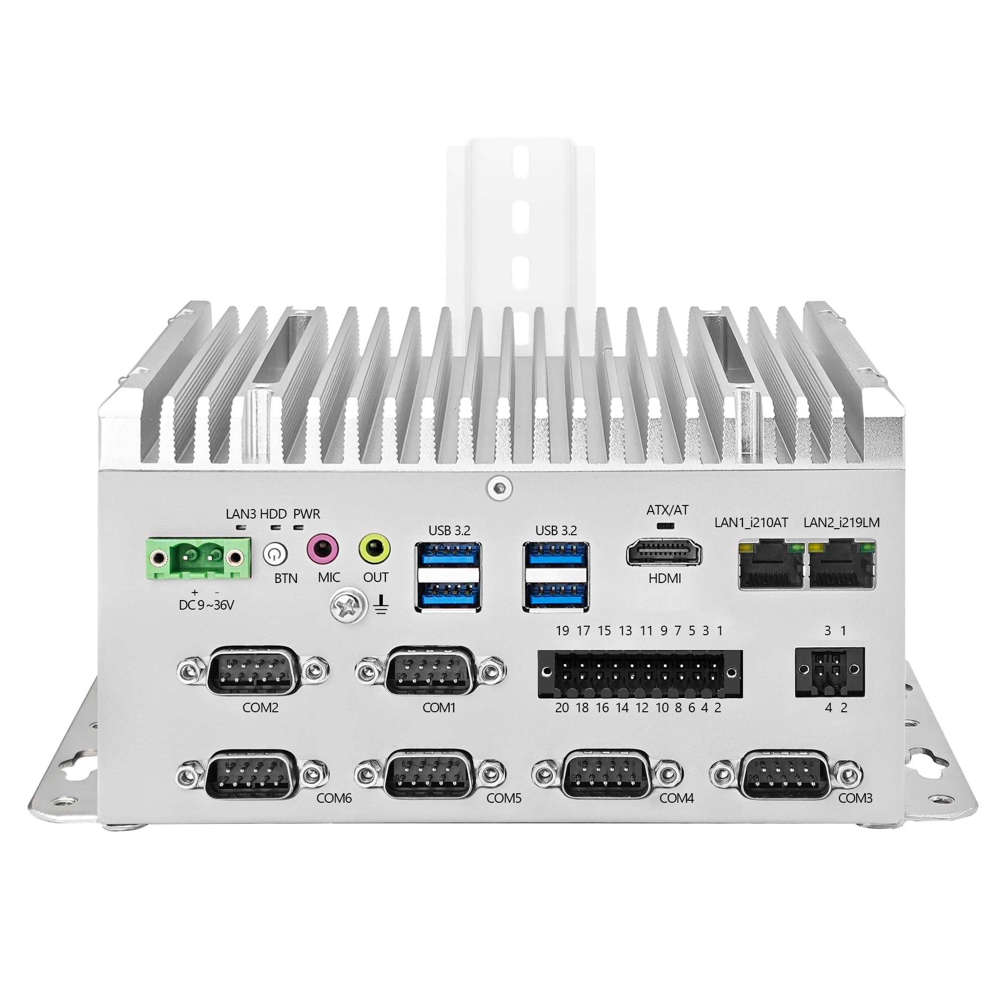 CWWK IPC Mini komputer bez wentylatora, przemysłowy mikrokomputer i5 8265U, 6 x COM RS232/RS485/RS422, wbudowany szynę DIN, 2 x Gigabit LAN, 8 GB RAM 256 GB NVMe SSD, GPIO, SIM, 9-36 V