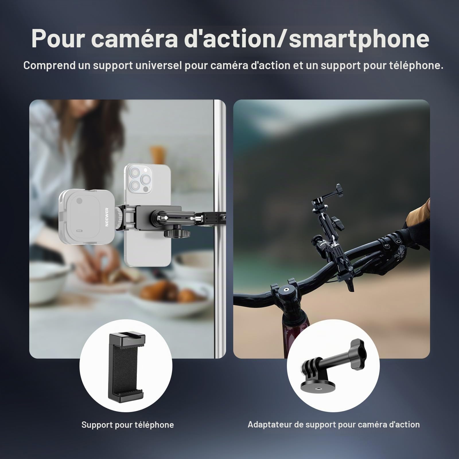 Neewer Super Pince avec Bras Magique à Double tête sphérique de 7,6 cm, Adaptateur de tête sphérique, Griffe, Support, Support de Pince pour caméra d'action pour Surface Plate/Ronde