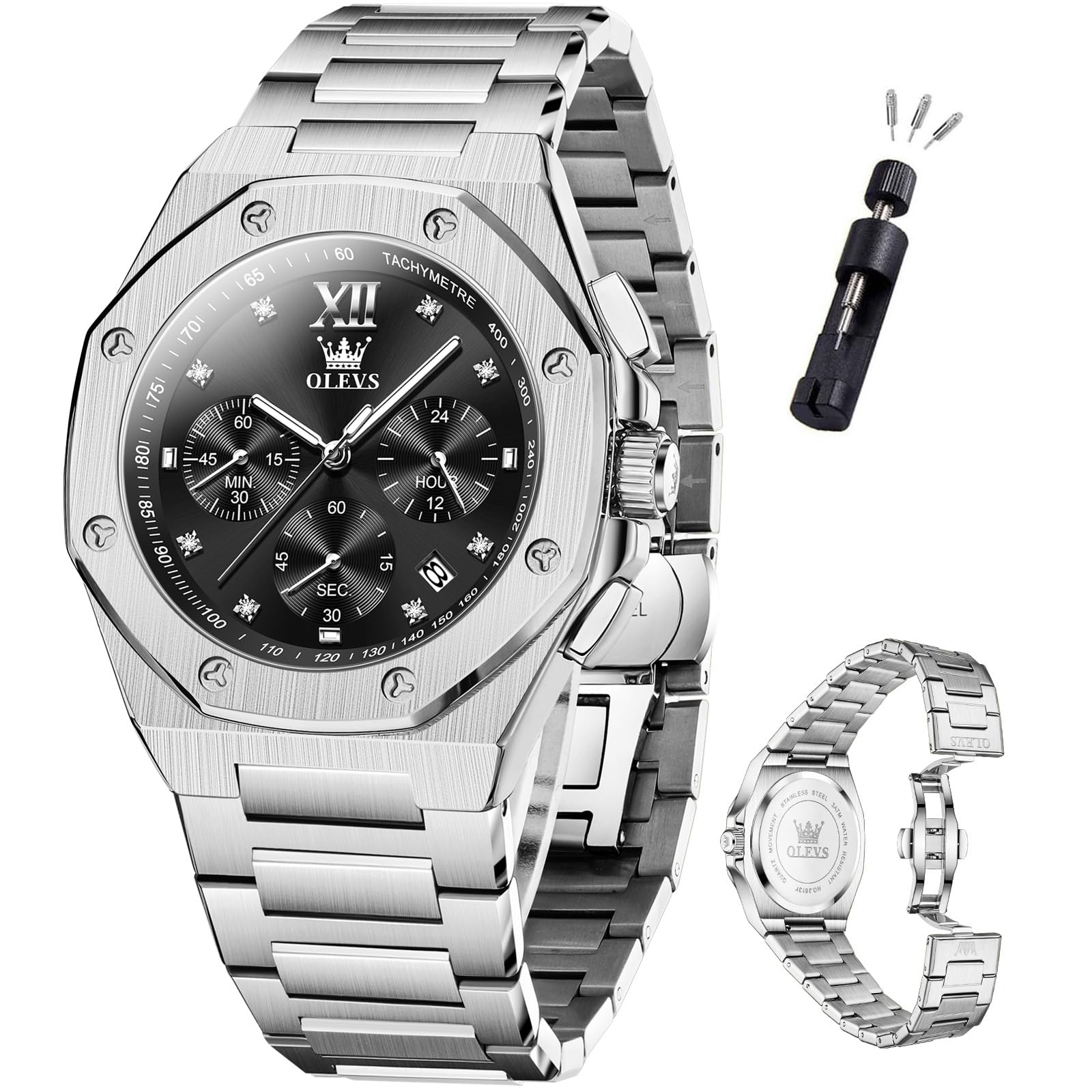 OLEVS Mens Watches Octagonal Luxury Stainless Steel Dress Watches for Men Quartz Analog Large Face Luminous Relojes para Hombres