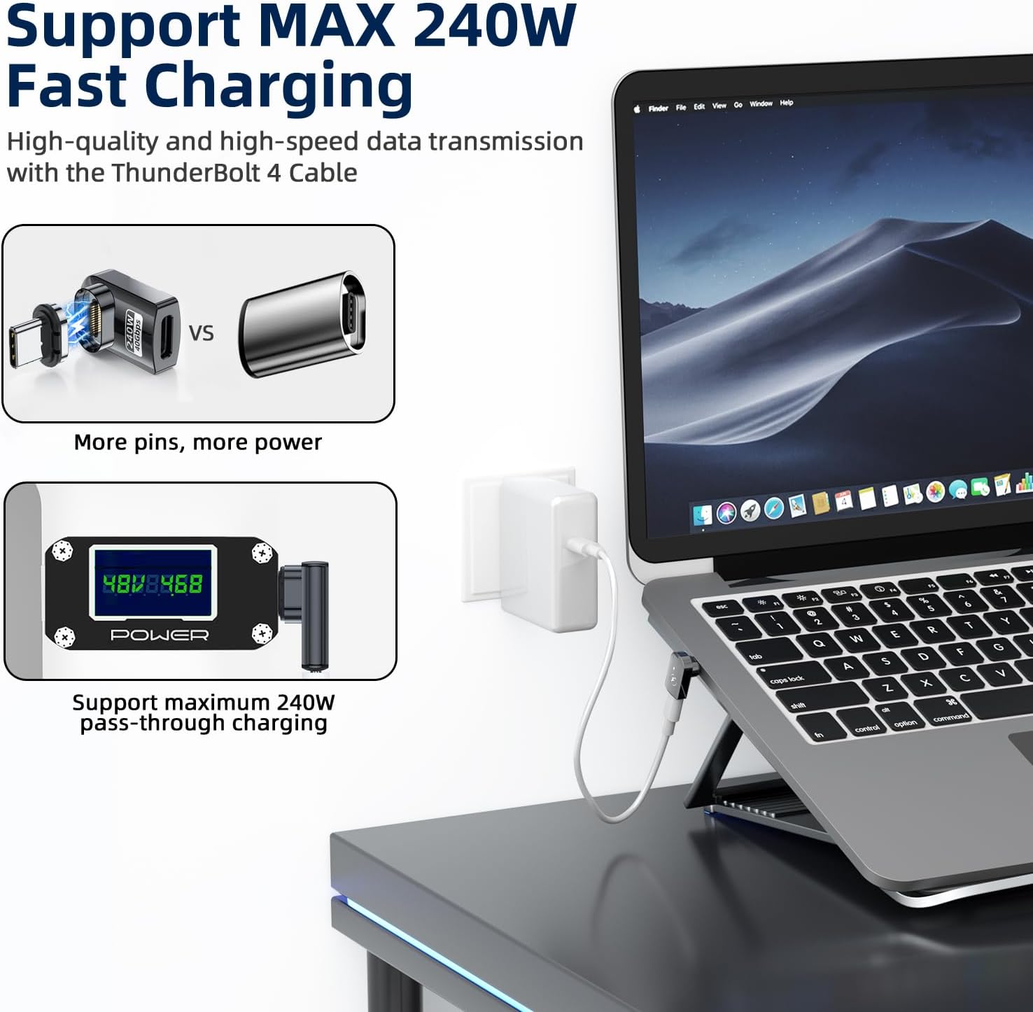 USB C Magnetic Adapter 240W (2 Pack) Right Angle Magnetic USB C Adapter 24 Pins with USBC 4 40Gbps 8K 60Hz for Thunderbolt 3/4, MacBook Pro/Air, Swtich and More Type C Devices