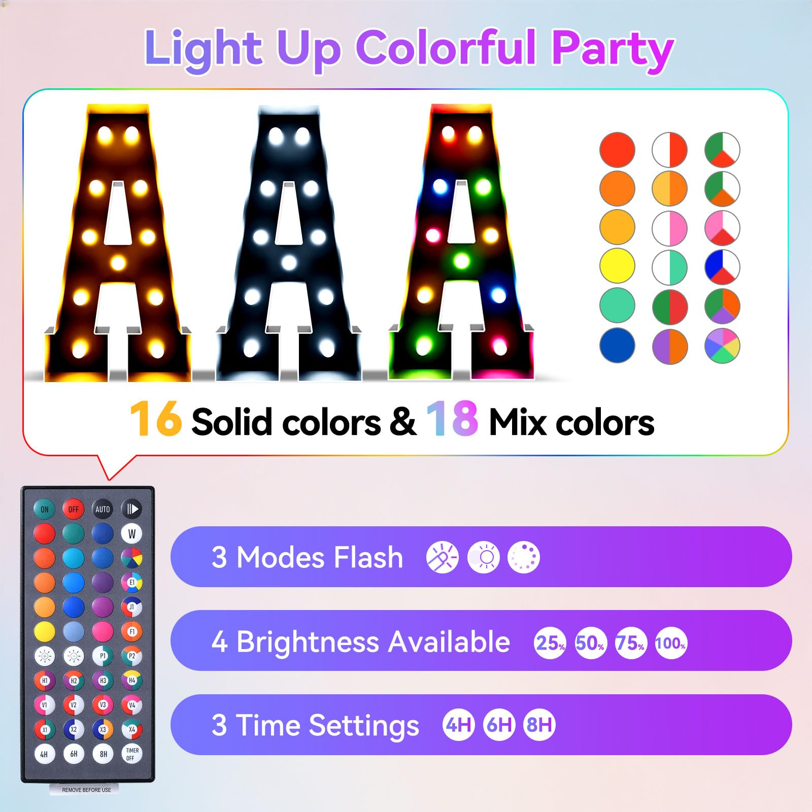 Ledido Grandes lettres lumineuses de 1,2 m pour décoration de fête, mariage, remise de diplôme, anniversaire, lettres de chapiteau noires de 1,2 m de haut avec télécommande, 34 couleurs changeantes