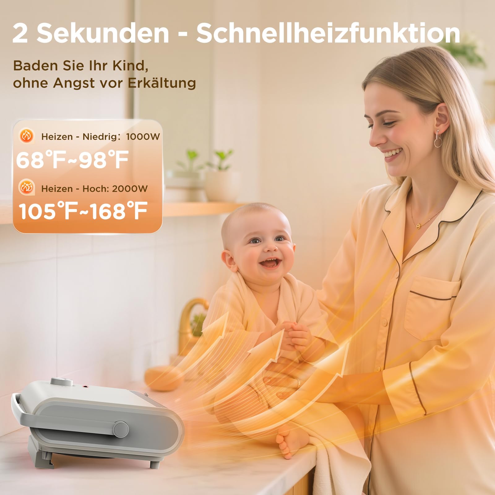 Chauffage Électrique de Salle de Bain 2000W, Radiateur Mural Silencieux avec Ventilateur Céramique, Sèche-Linge, Faible Consommation, 3 Modes de Chauffage, Adapté à la Salle de Bain (IPX2)