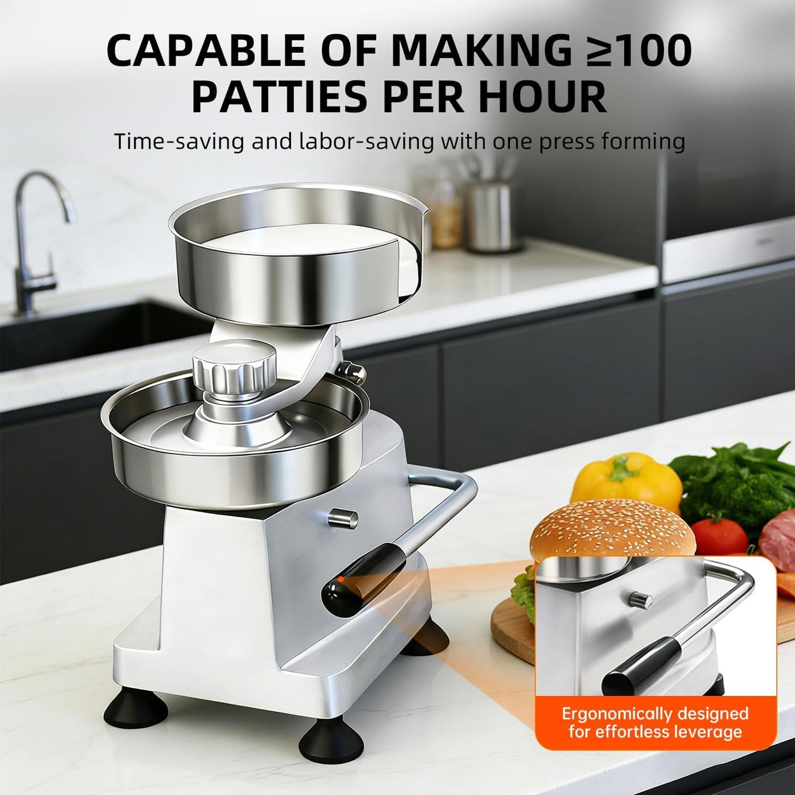 Burger Patty Maker – Robuste Edelstahlpresse für 26,7/12,7/15,2 cm Hamburger-Patties mit 500 Stück Patty Papers – Küchenfleischform-Prozessor
