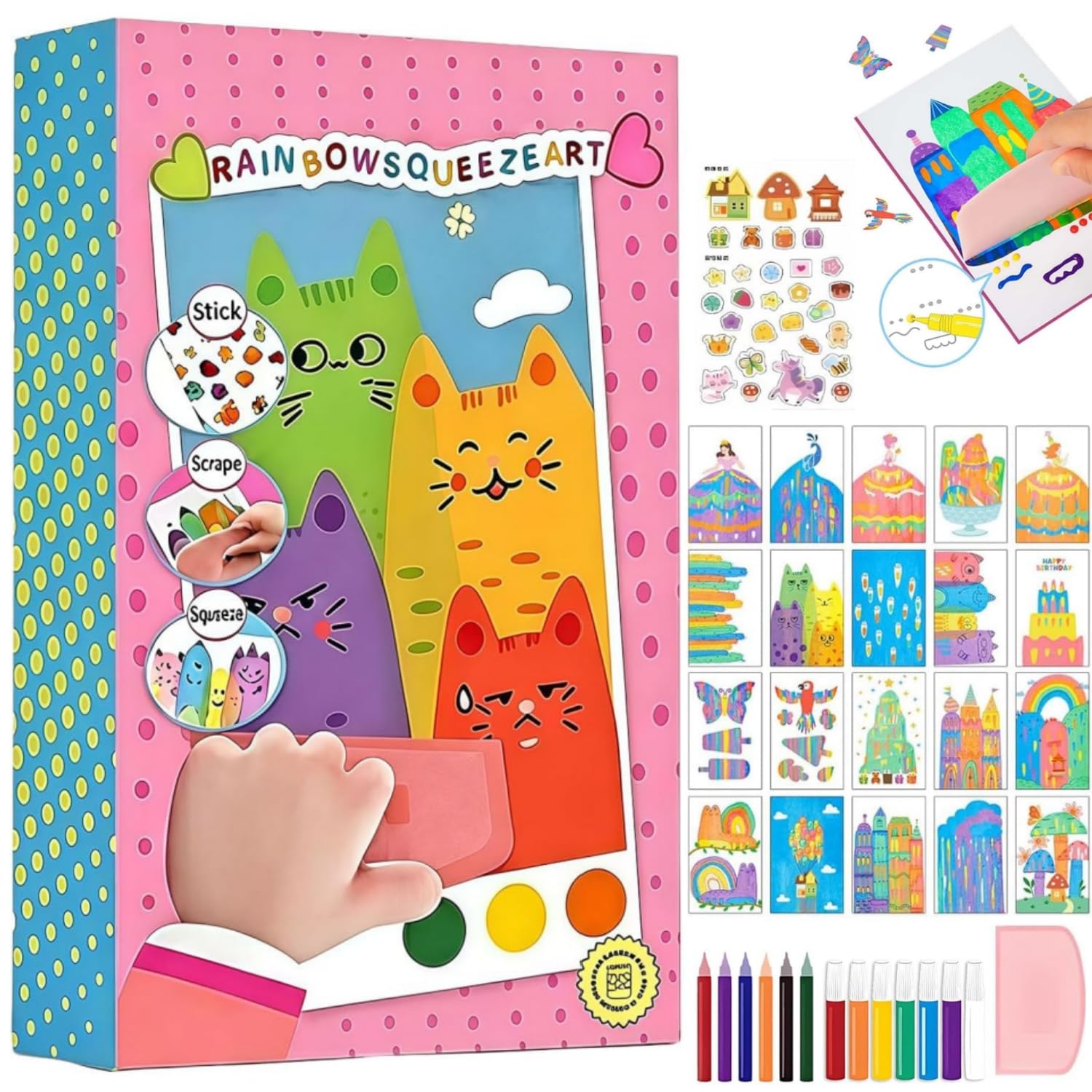 Rainbow Squeeze Art Kit, 2026 New DIY Rainbow Scratch Art Painting, Magic Reveal Craft Set, Dot Scratch Colorful DIY Postcards, Kids Scrape for Parties, Classroom Activities, Birthday Creative Gift