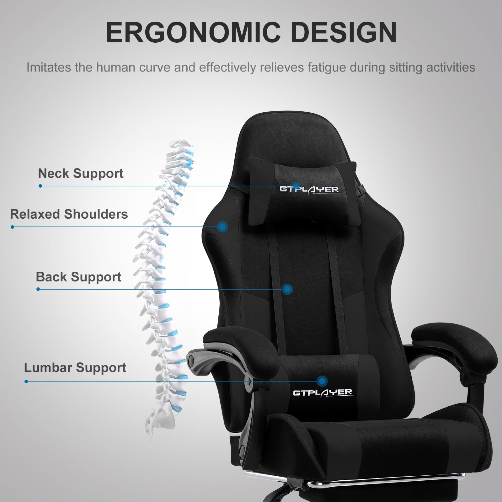 GTPLAYER Sedia da ufficio, da gaming, da gaming, ergonomica, con poggiapiedi, poggiatesta, cuscino lombare, imbottito, sedia girevole in tessuto nero