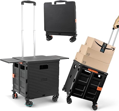 Foldable Utility Cart Folding Portable Rolling Crate with Magnetic Extended Lid,360Rotate Wheels,176LBS Load Capacity,Heavy Duty Durable Dolly Cart
