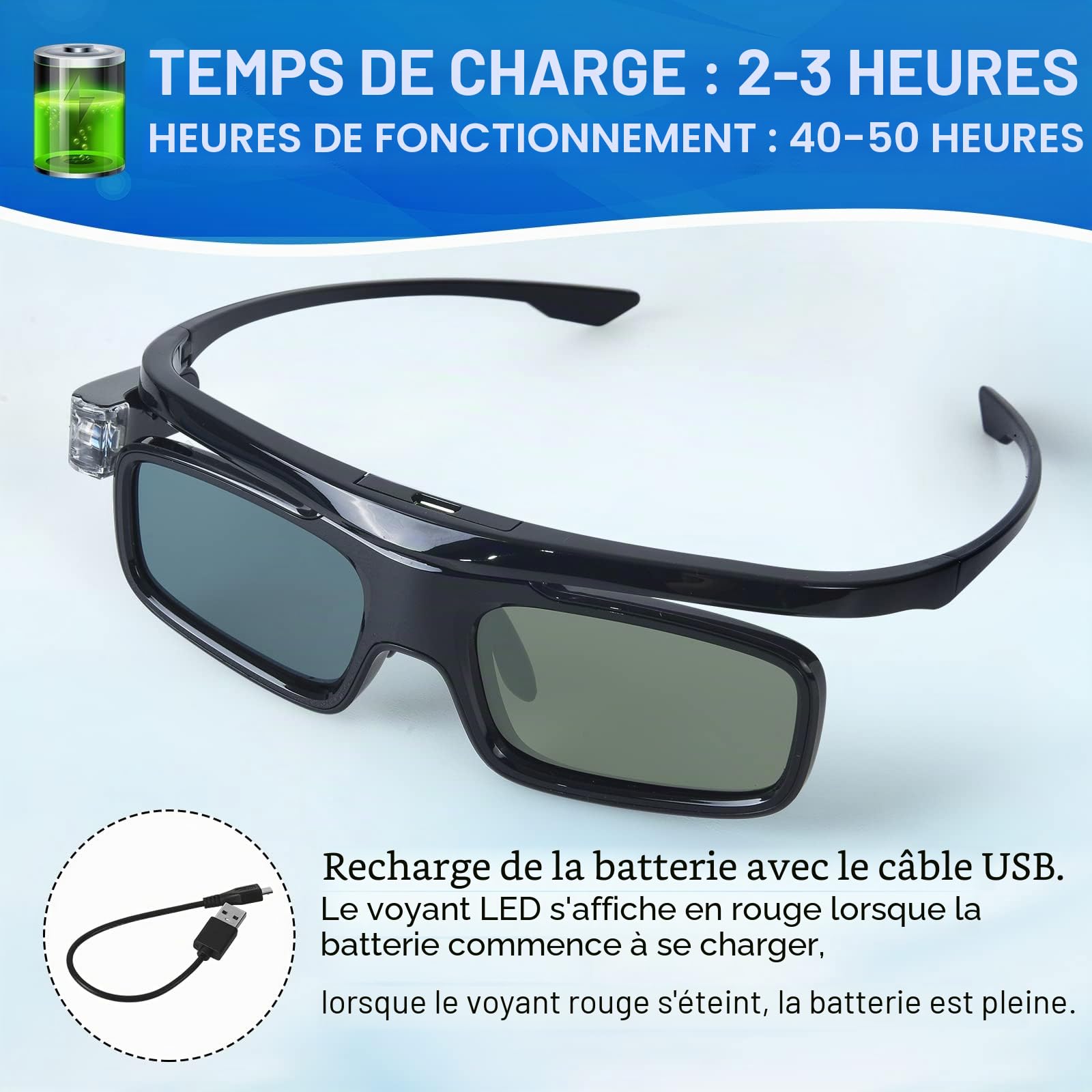 Toumei Lunettes 3D, Rechargeable Active Shutter Lunette 3D DLP Link Compatibles avec Les DLP 3D Vidéoprojecteur Acer BenQ Optoma Viewsonic Philips LG Infocus NEC Jmgo Vivitek Cocar Toumei - 2 Pièces