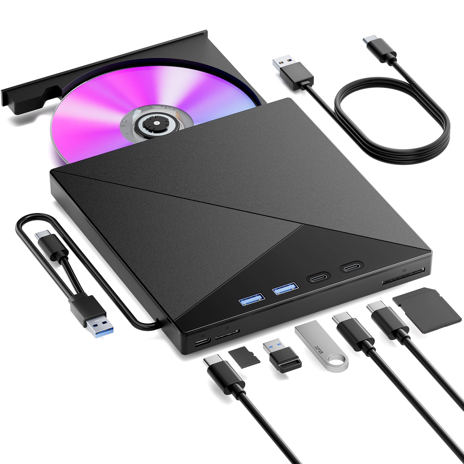 Lettore CD DVD Esterno per PC, Masterizzatore DVD CD Externo, USB 3.0 Type C Lettore CD Esterno con 4 Porte USB e Lettore di Schede TF/SD per Laptop/Desktop/Windows 11/10/8/7/XP/Vista/Linux
