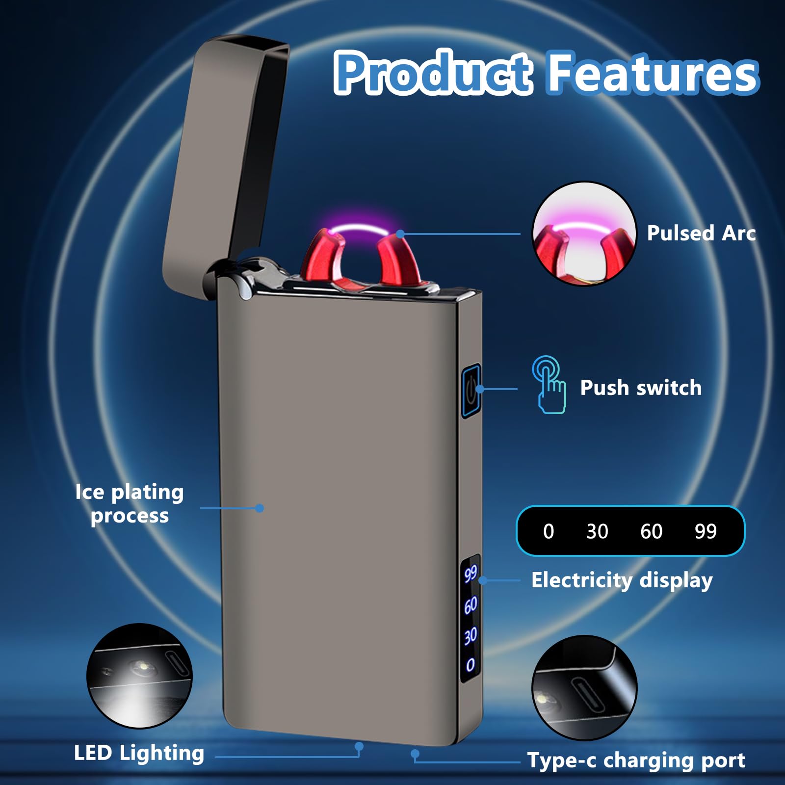 Accendino elettrico accendino elettronico personalizzato con alloggiamento in metallo, indicatore di livello di carica e ricarica USB-C per candele, regalo speciale (nero)