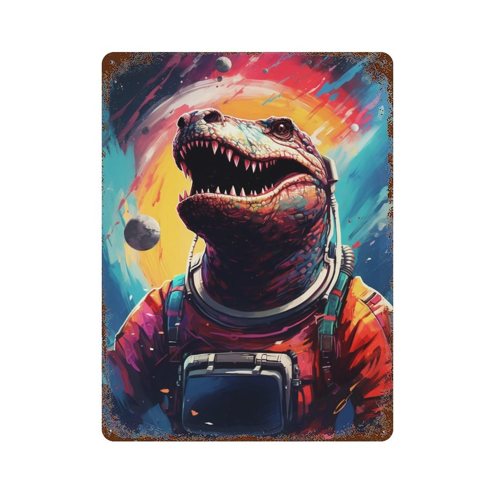 Space Dinosaur Astronaut Artwork 15.7"x11.8" Retro Metal Sign, Industrial Home Decor for Office, Studio And Wall Decor