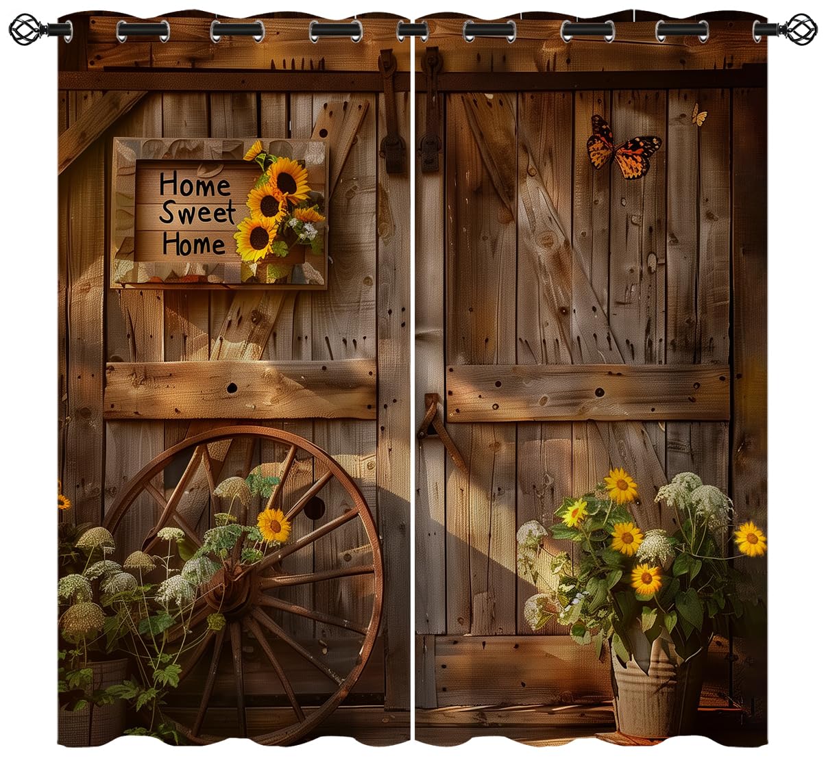 Rustic Barn Door Blackout Curtains for Girls Boys Kids Home Decor, Sunflower Wooden Wheel Farmhouse Grommet Thermal Insulated Drapes Darkening Window Curtain for Bedroom Living Room, 42 x 45 Inch