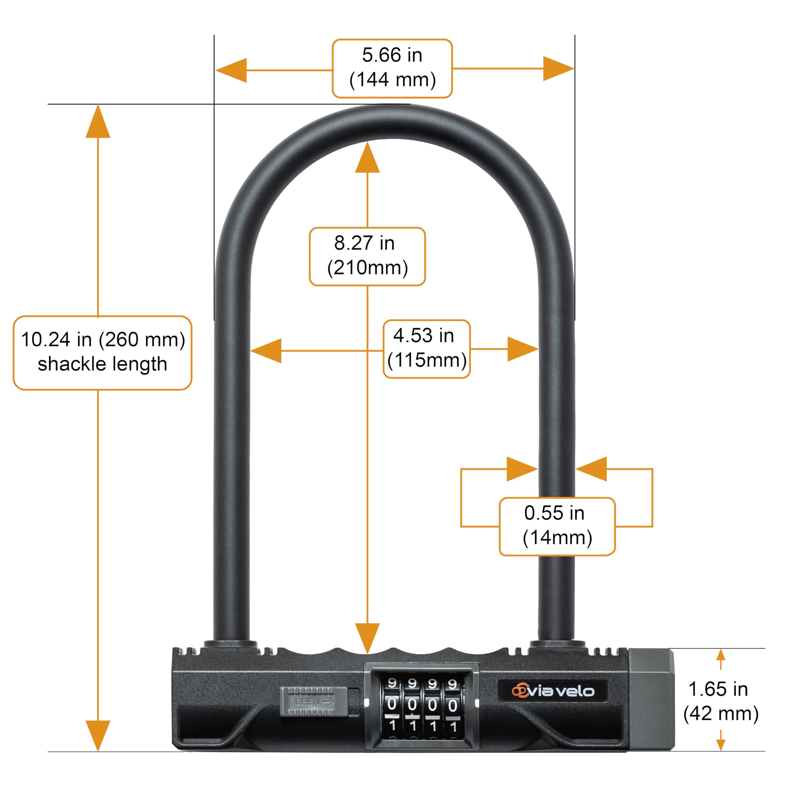 Via Velo Candado en U resistente con combinación reajustable de 4 dígitos y cable de acero de 5 pies, antirrobo para bicicletas, scooters y bicicletas eléctricas
