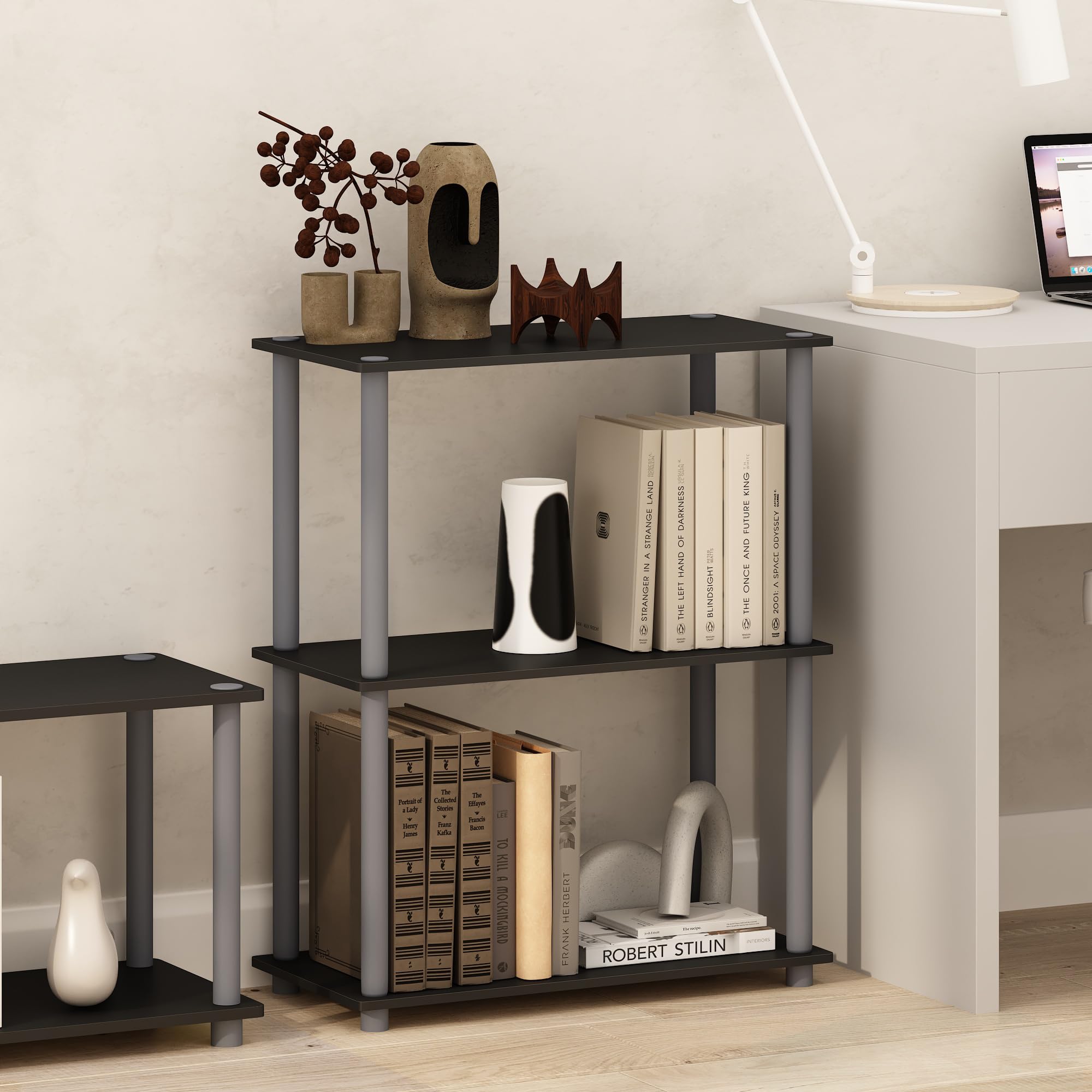 Furinno TURN-N-TUBE Storage Shelves, 3-Tier Book Shelf, Corner Shelf, Toolless Open Shelves, for Organization and Storage, Living Room, Bedroom, Entryway, Laundry, Black