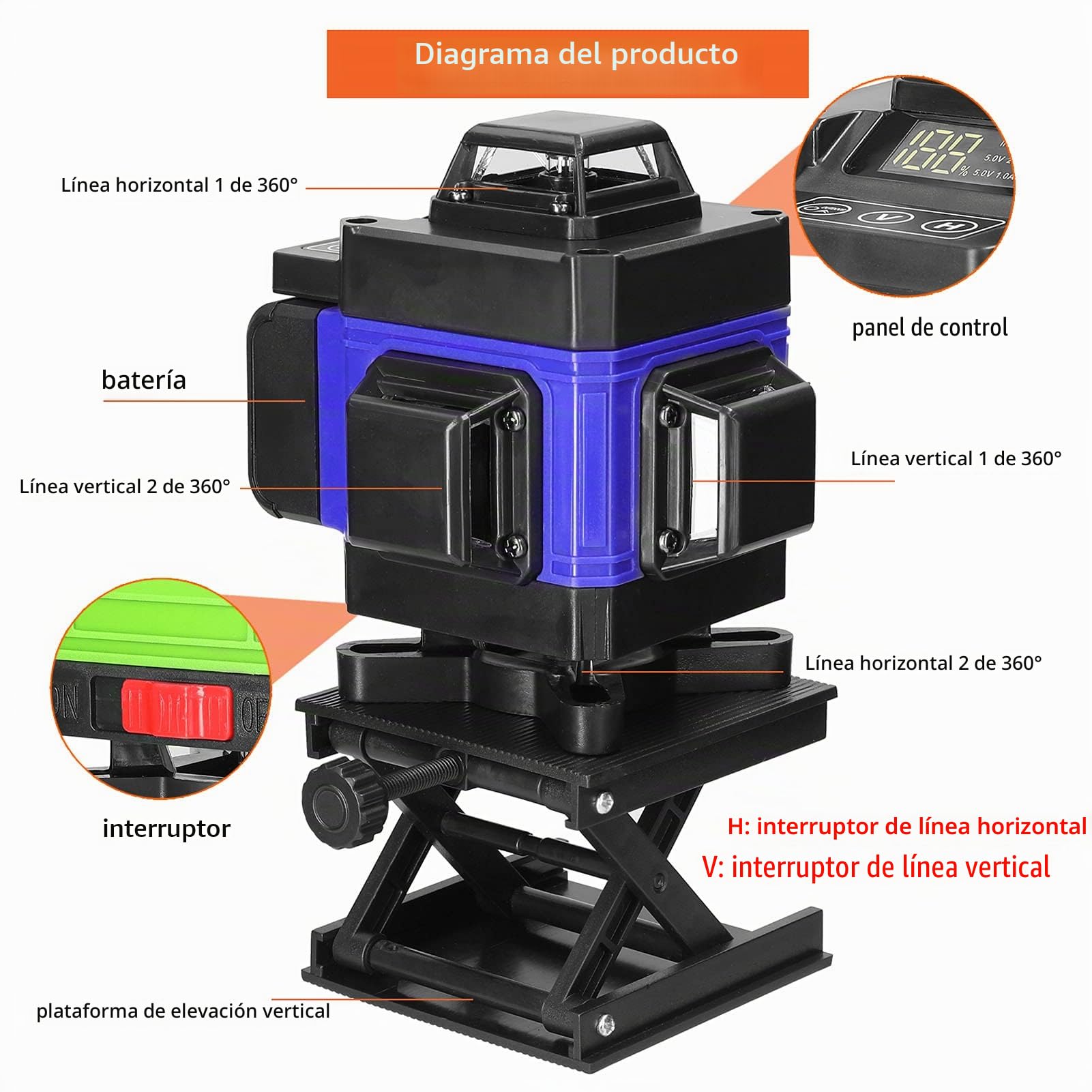 Geevorks Nivel Láser Autonivelante 3°,4D 16 Líneas Laser Nivel Verde 2 Batería Recargable,Base de Rotación y Soporte Montado,Control Remoto y Control Móvil (Azul, con Trípode)