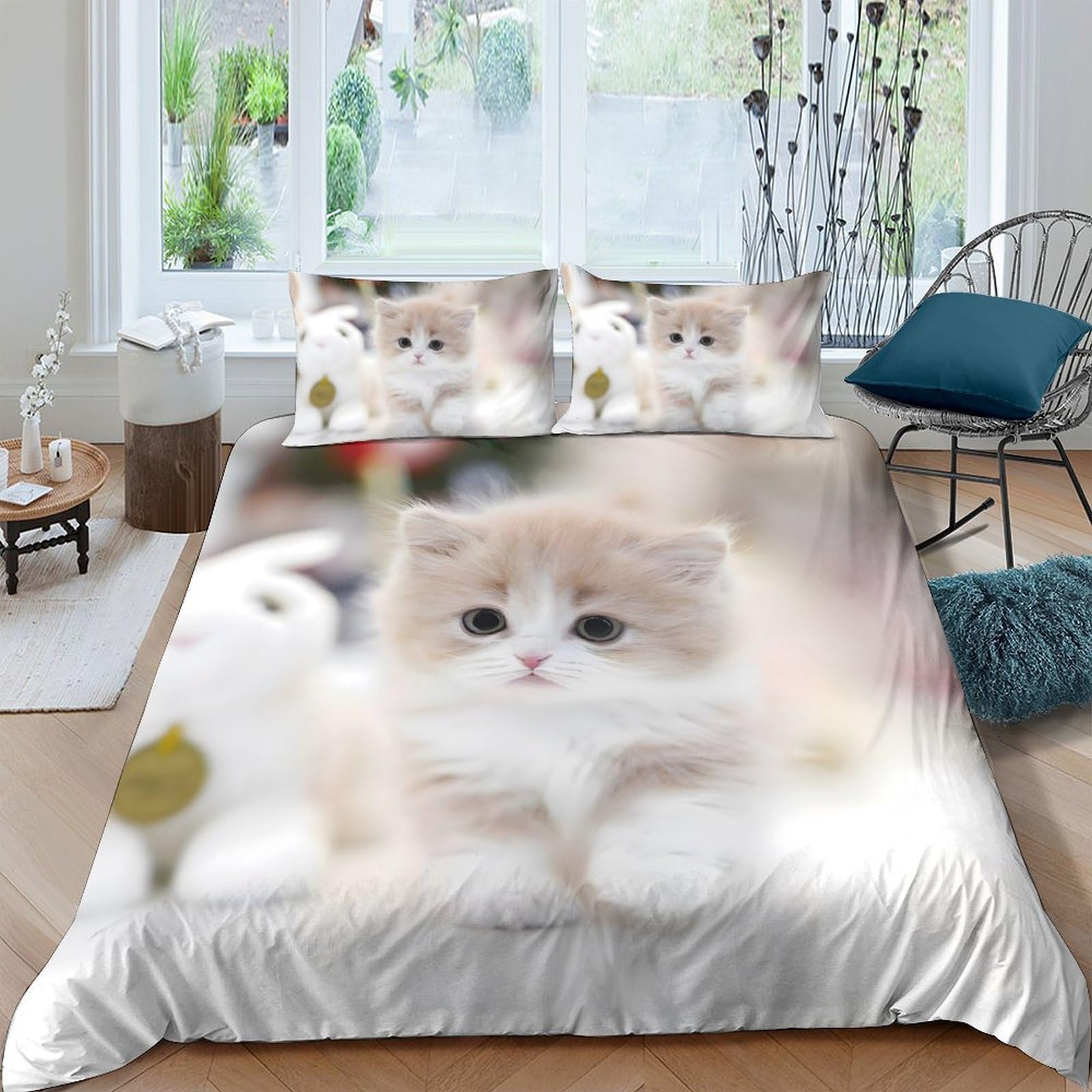 P5V6M1Q9 3D Printed Cute Kitten Duvet Cover Microfiber Soft Breathable Fluffy Cat Bedding Set with 2 Pillowcases for Bedroom Decor Single（135x200cm）