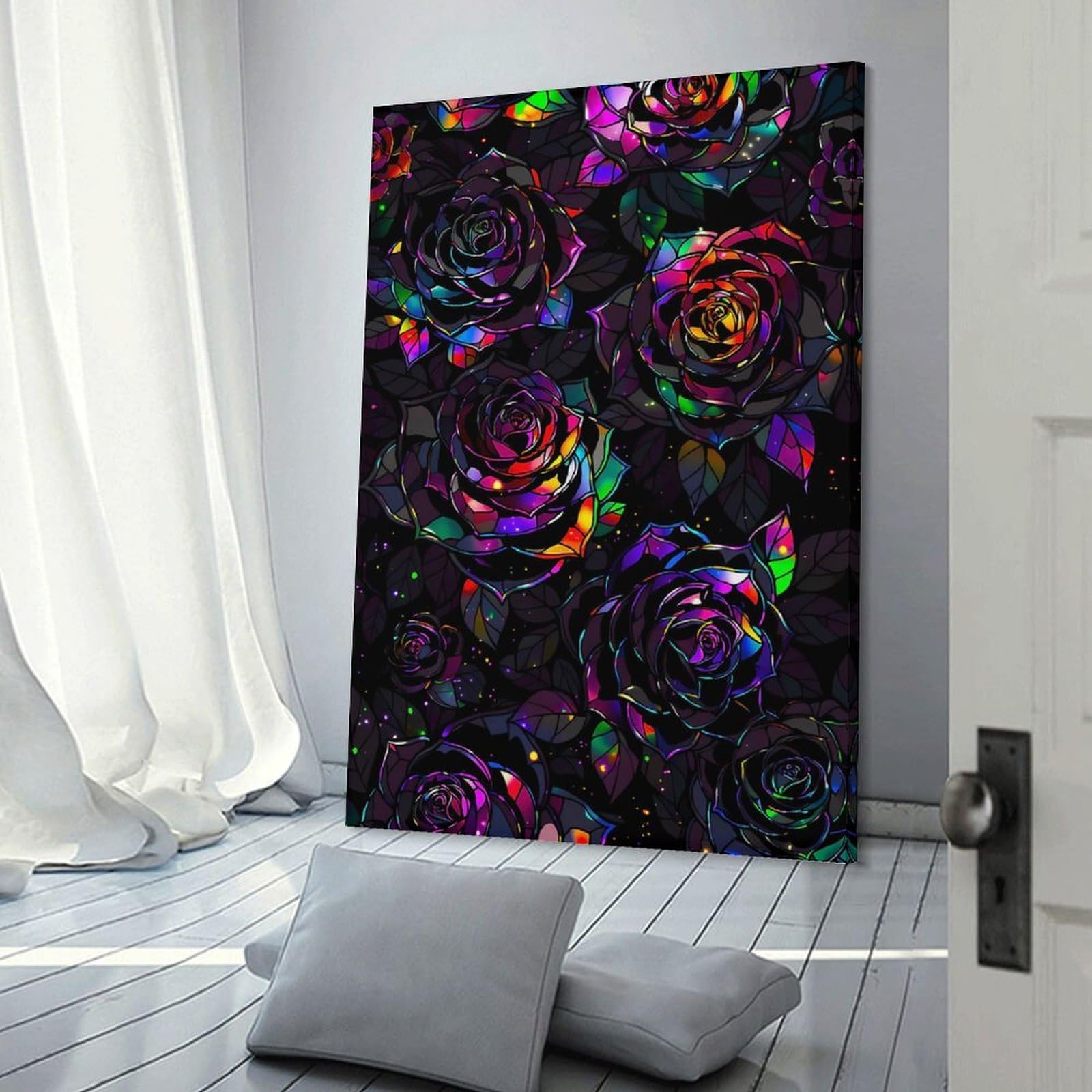 Junmoney Stained Glass Roses Hanging Wall Art, 24x36inch(60x90cm), for Bedroom Decor, Cosy Corners Or Studios, An Easy Wall Refresh for Bedrooms