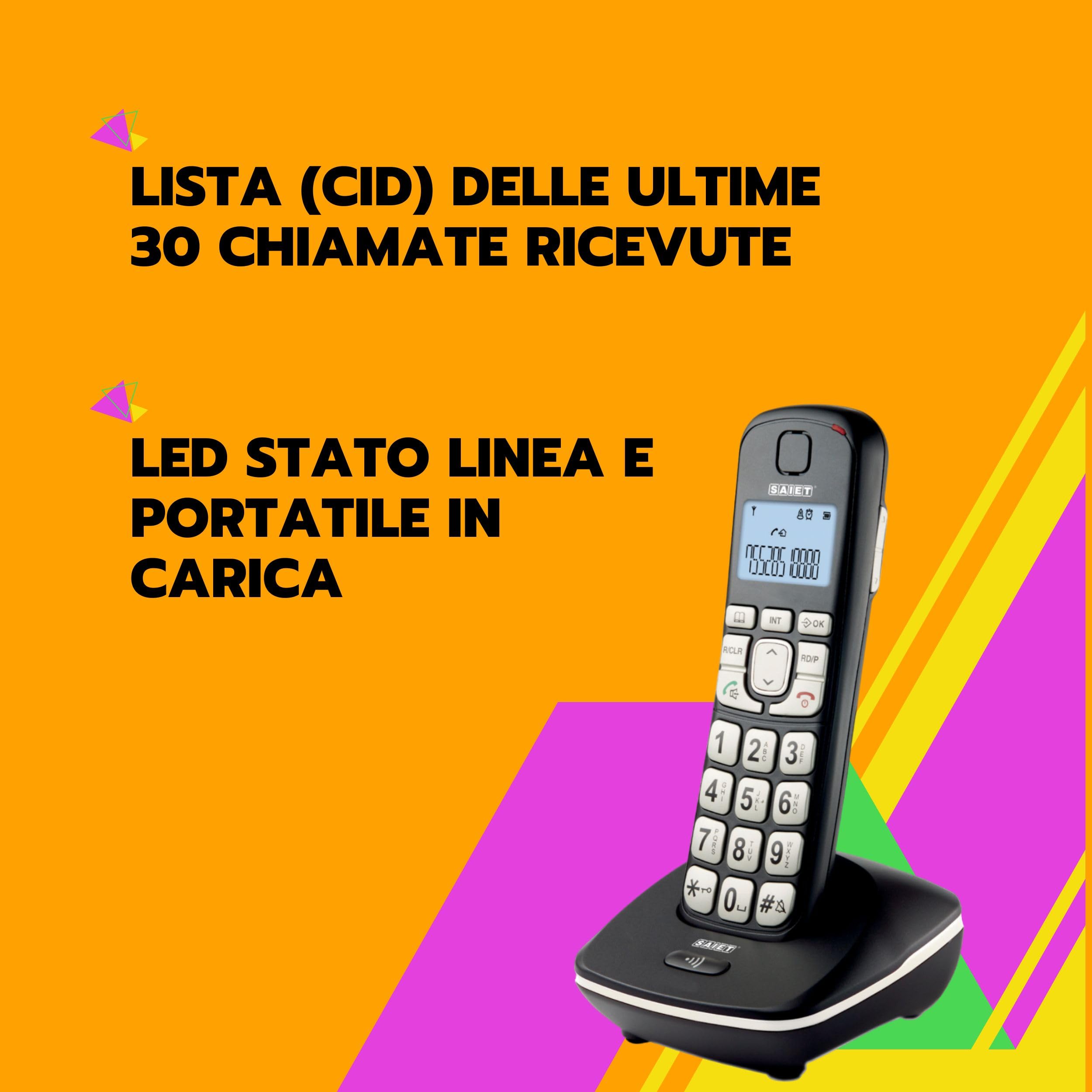 SAIET - Telefono Cordless Casa e Ufficio 3660 LEM - con Vivavoce e Audio Amplificato - con Tasti Grandi e Schermo Intuitivo