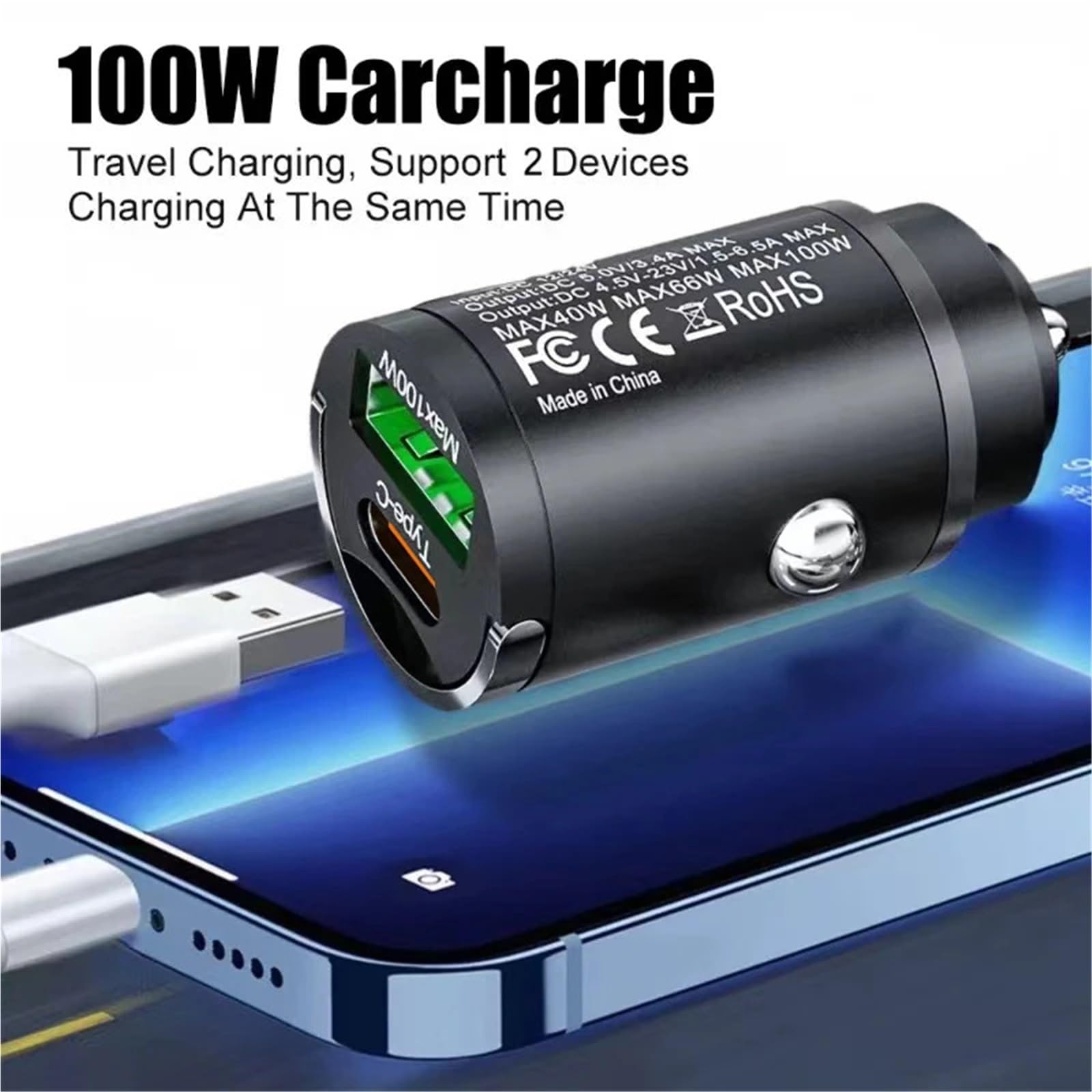 caricabatterie auto, Caricabatterie mini USB for auto a doppia porta da 100 W(200W Dual USB Black)