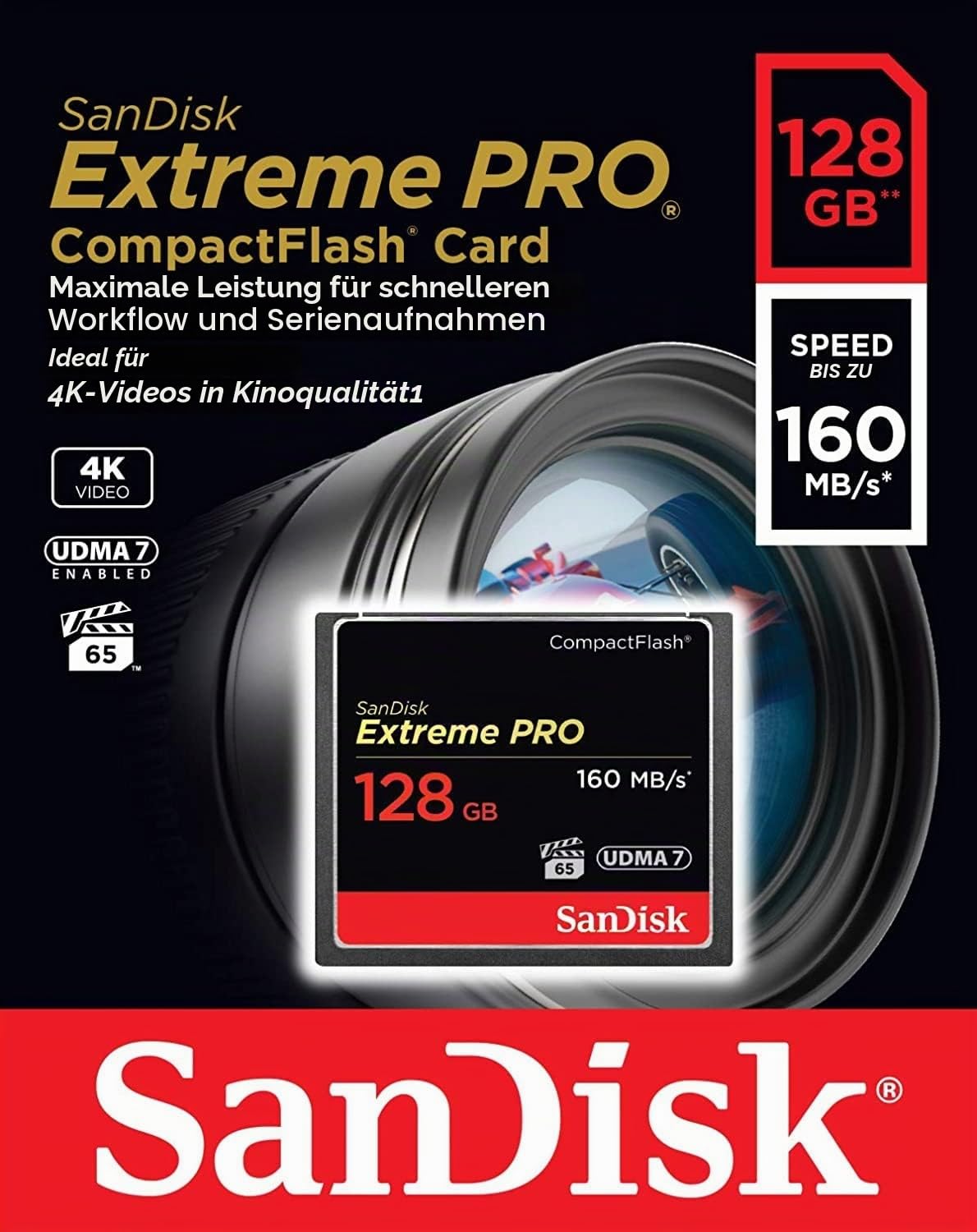 SANDISK Extreme Pro CompactFlash Speicherkarte 128GB (UDMA7, 4K-UHD- und Full-HD-Videos, VPG 65, temperaturbeständig, 160 MB/s Übertragung)