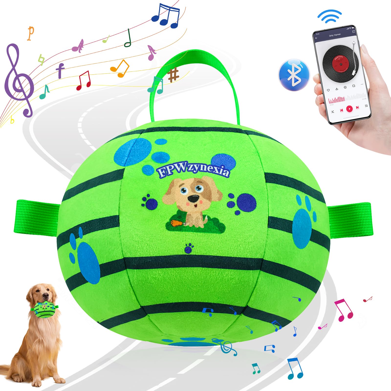 Interactive Dog Toys Chew-Resistant Interactive Dog Ball Nylon Dog Balls with Rope Bluetooth-Enabled for Music Connection Moving Dog