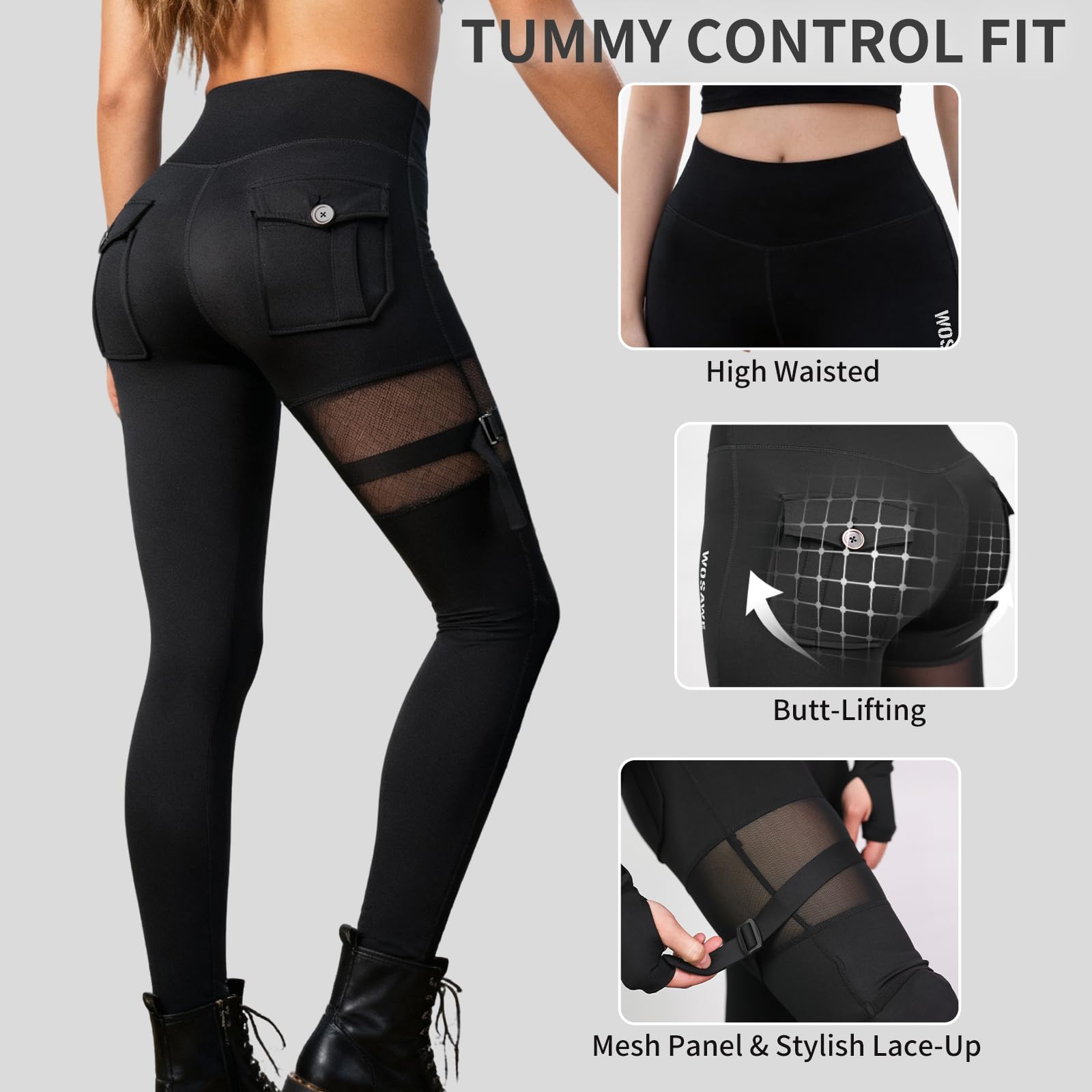 WOSAWE Damskie legginsy sportowe, wysoka talia, rozciągliwe spodnie do jogi, do fitnessu, biegania, treningu