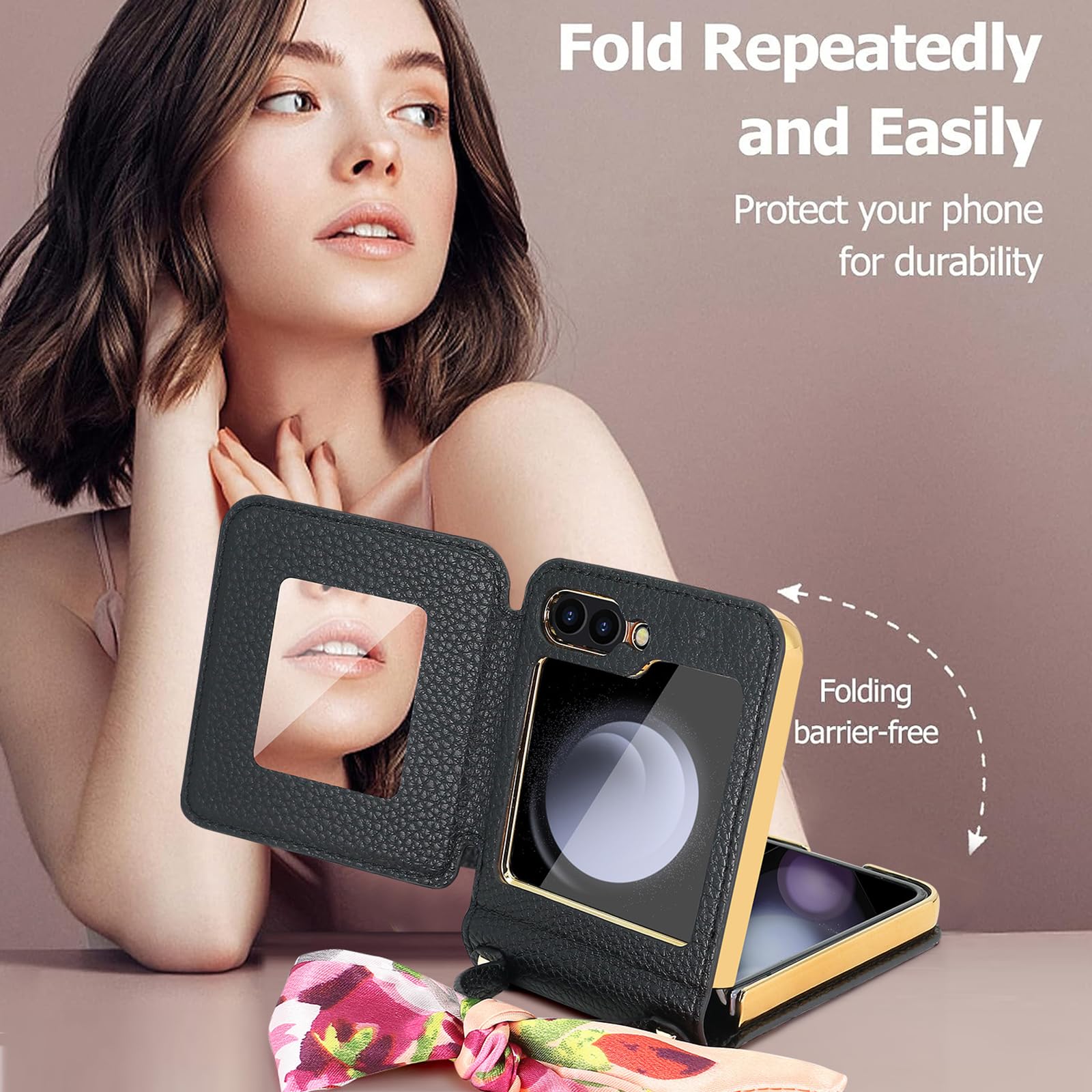 Smukłe etui do Samsung Galaxy Z Flip 6, luksusowa platerowana ramka moda odporne na upadki skórzane etui z klapką lusterko do makijażu, dla kobiet, brązowe