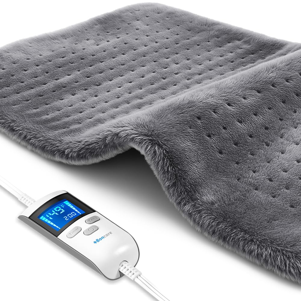 Boncare® LCD Digital Control 12” x 24” Heating Pad for Back Pain Relief and Cramps with Auto Shut Off Large Size 6 Temperature Settings 6 Timers Super Soft Velvet Moist/Dry Hot Heat Pad (Light Gray)