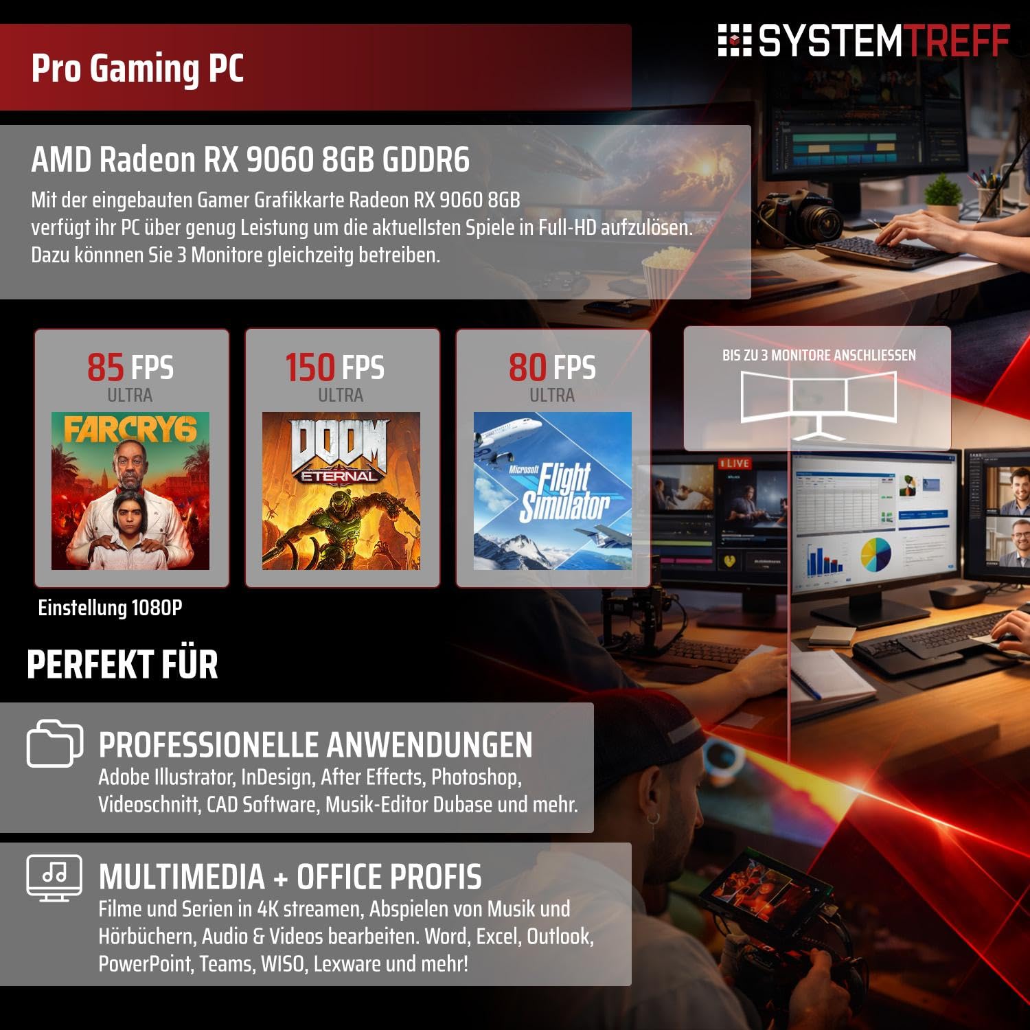 SYSTEMTREFF Basic Gaming PC Intel Core i3-14100 4x4.7GHz | Radeon RX 9060 8GB DX12 | 512GB M.2 NVMe | 16GB DDR4 RAM | Windows 11 | WLAN Desktop Computer Rechner für Gamer, Zocker